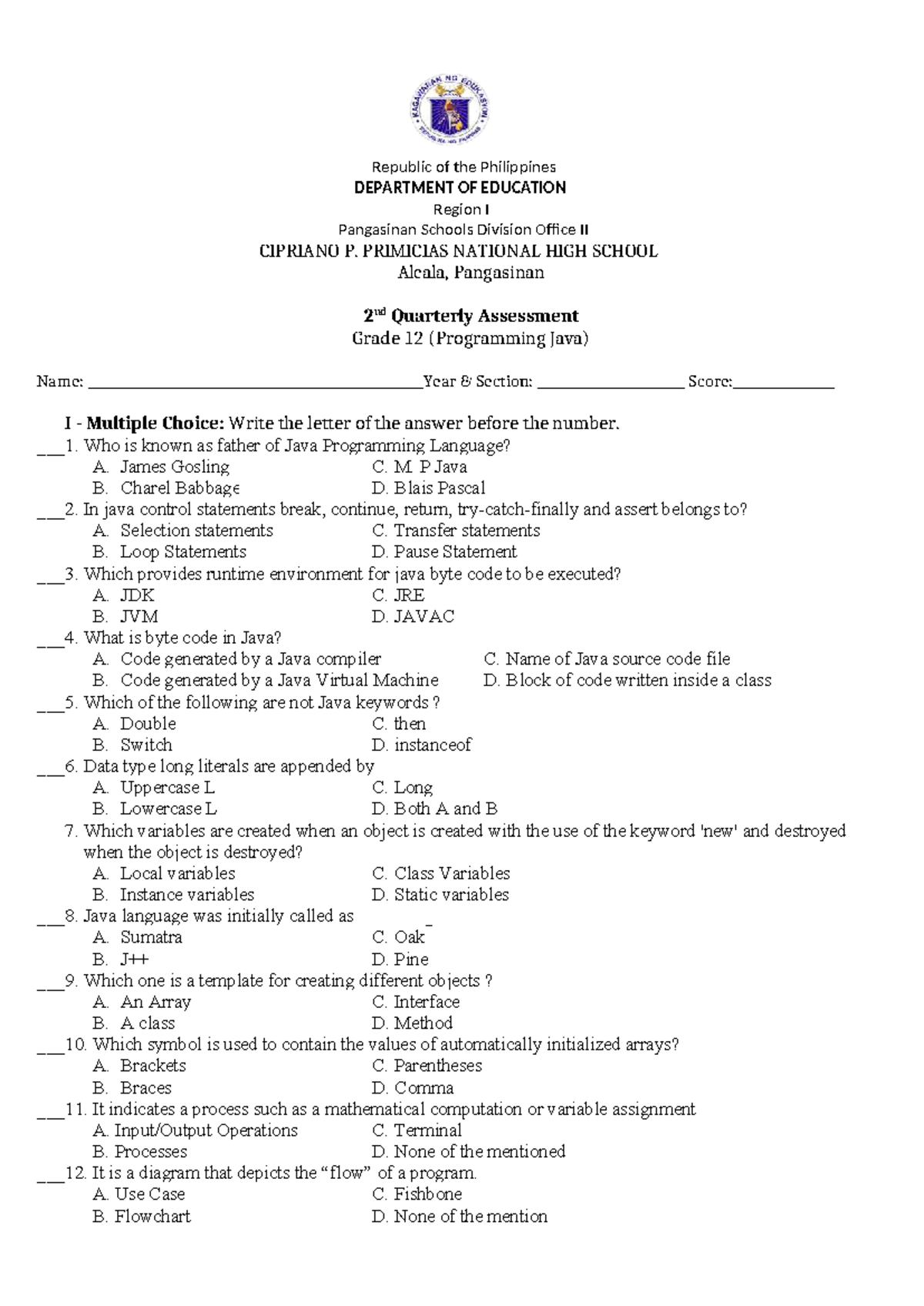 2nd Quarter Exam Grade 12 (Programming Java) - October 2025 - Studocu
