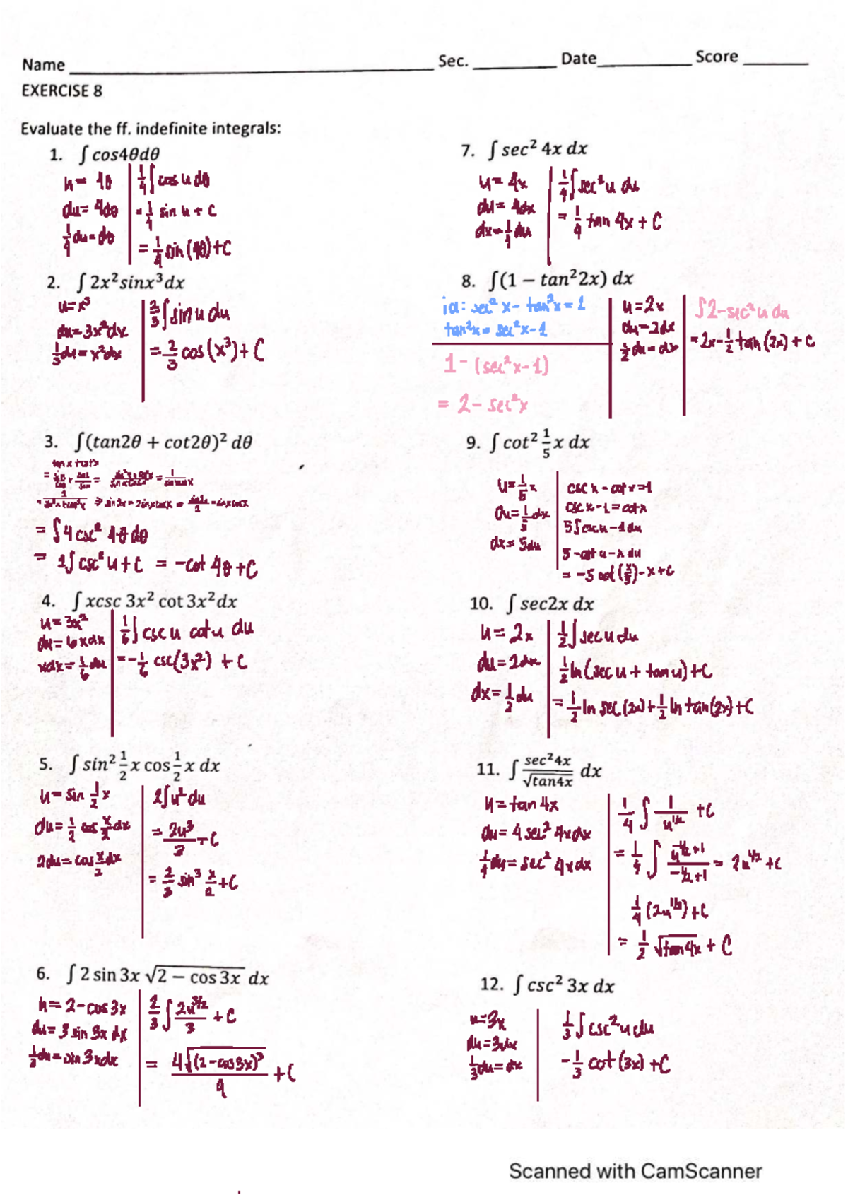 5.3 Integration of Trigonometric Functions Worksheet 2 - Studocu