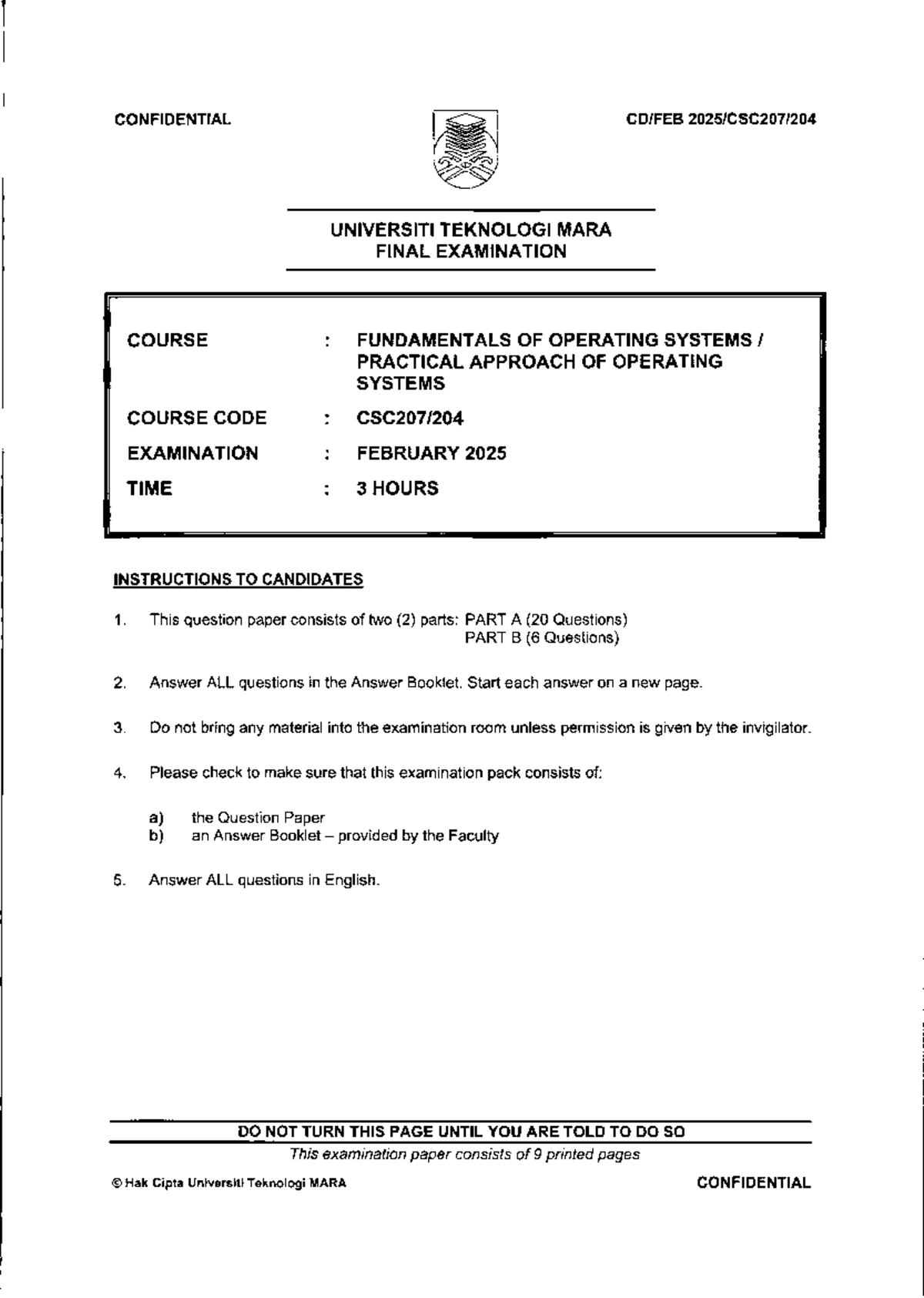 CSC207 - Final Exam: Fundamentals of Operating Systems 2025 - Studocu