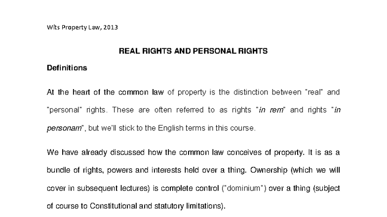 Wits Property Law 2013: Real Rights vs Personal Rights Explained - Studocu