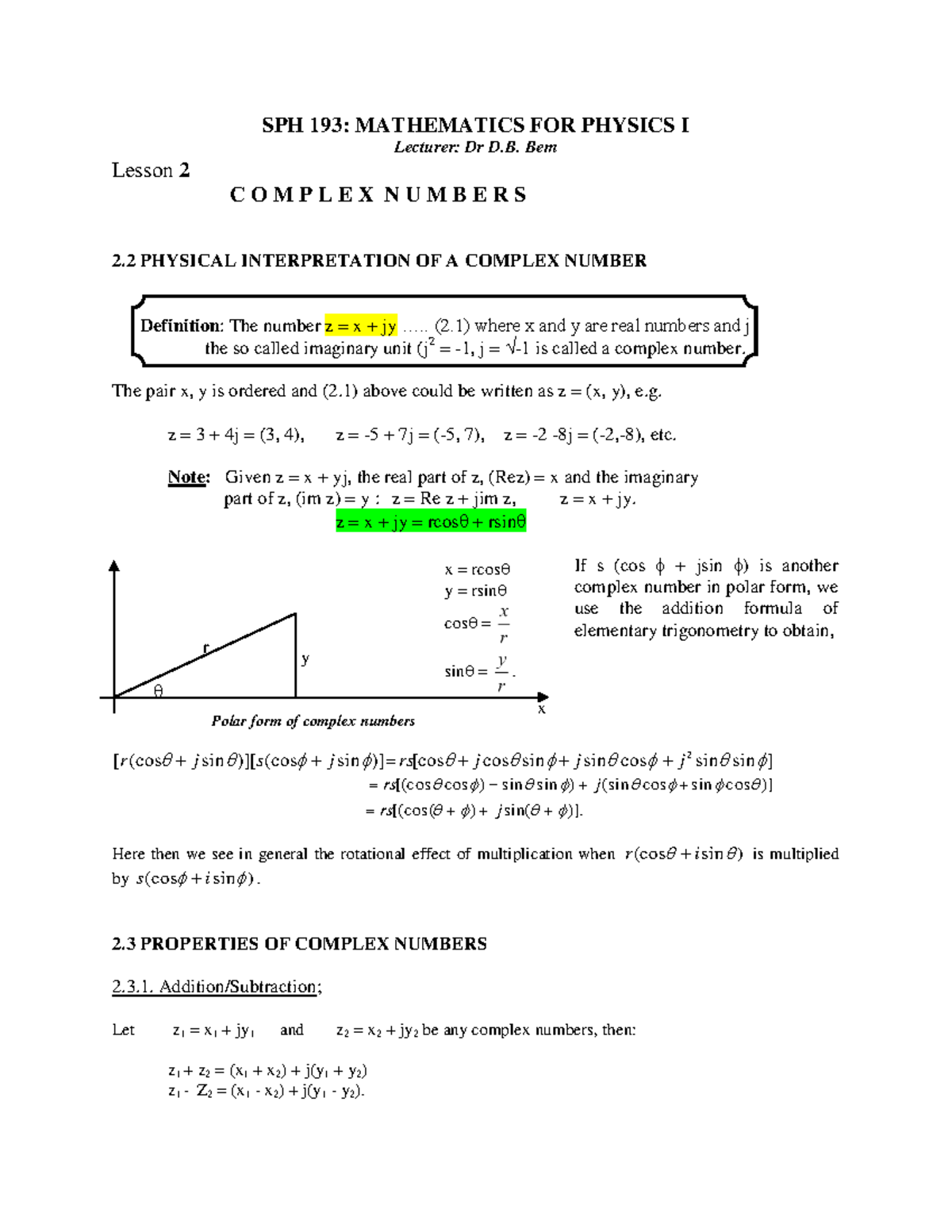 SPH 193: Mathematics for Physics I - Lesson 2 on Complex Numbers - Studocu