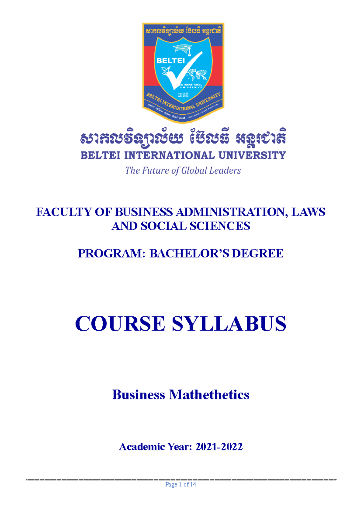 Course Syllabus Business Mathematics - FACULTY OF BUSINESS ...