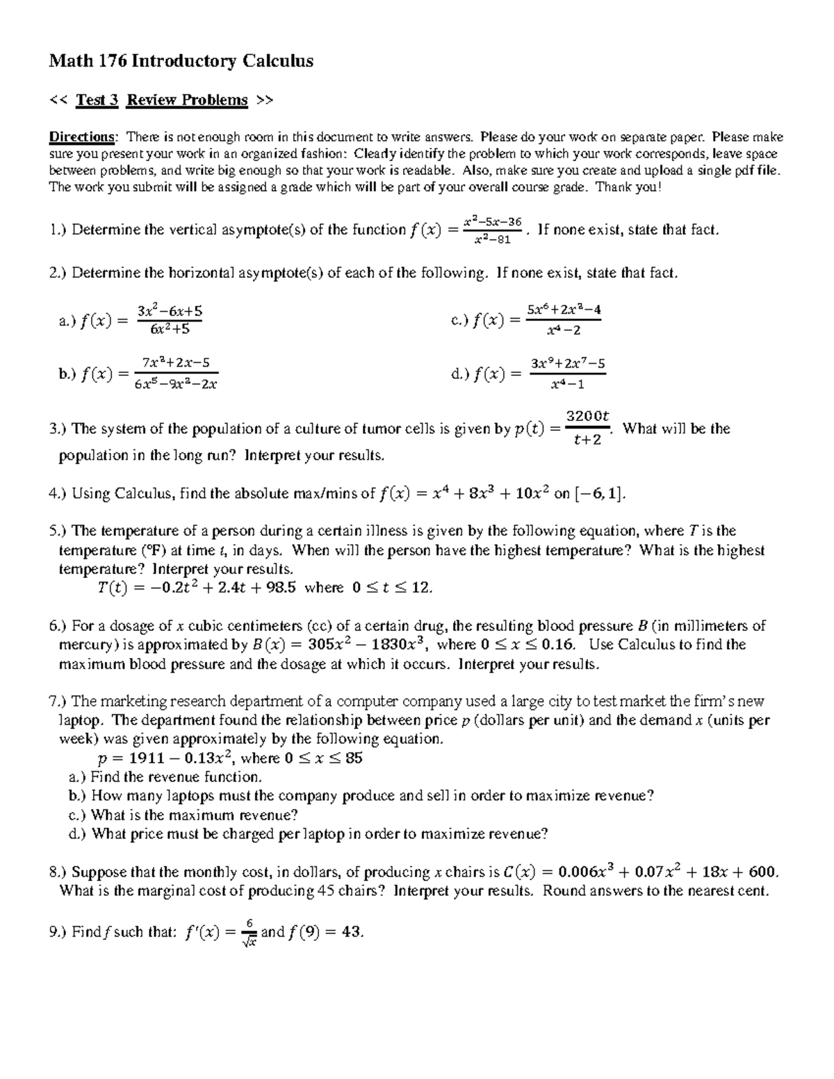 Math 176 Test 3 Review: Key Concepts and Practice Problems - Math 176 ...