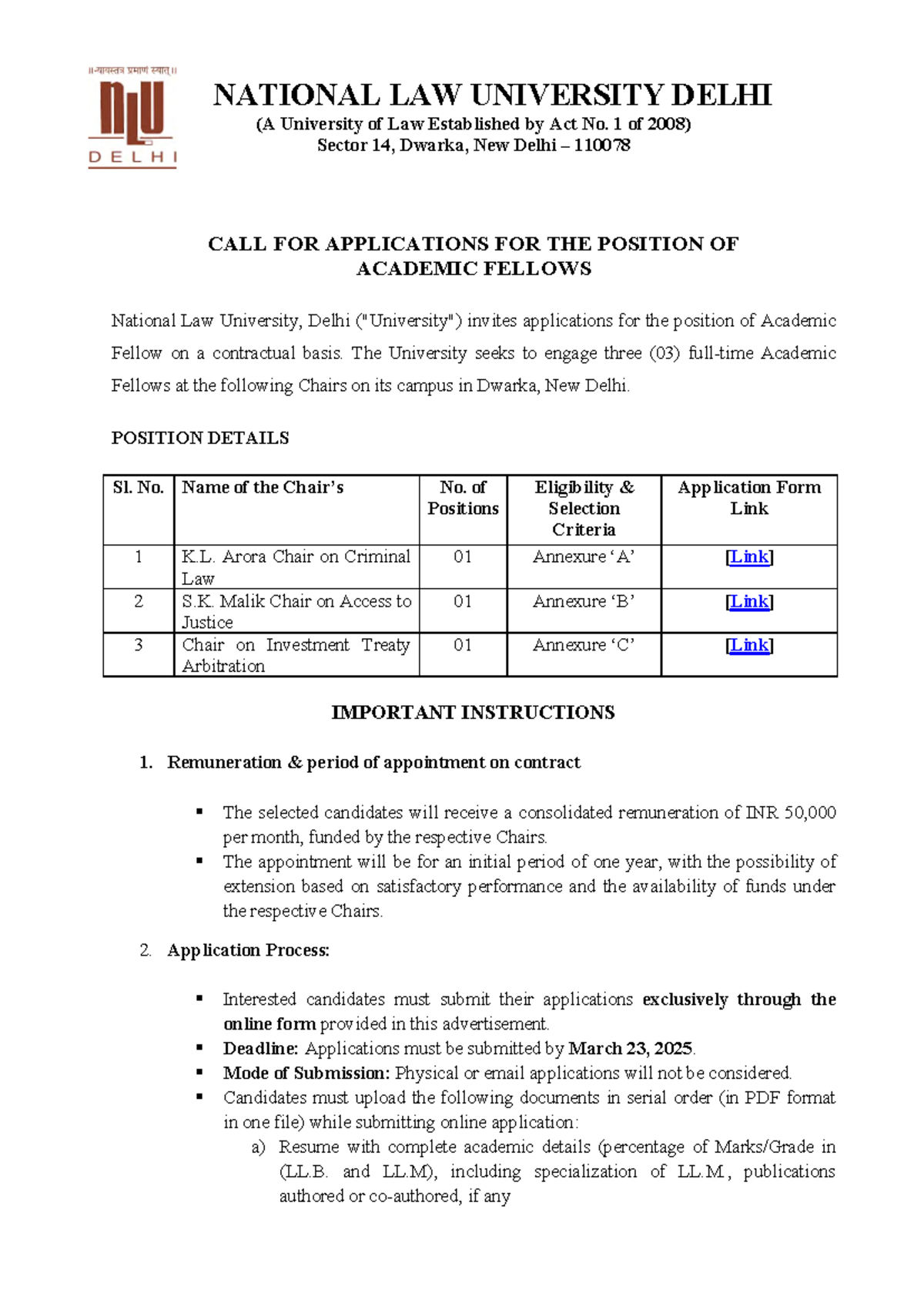 Call for Applications: Academic Fellowships at NLU Delhi - Studocu