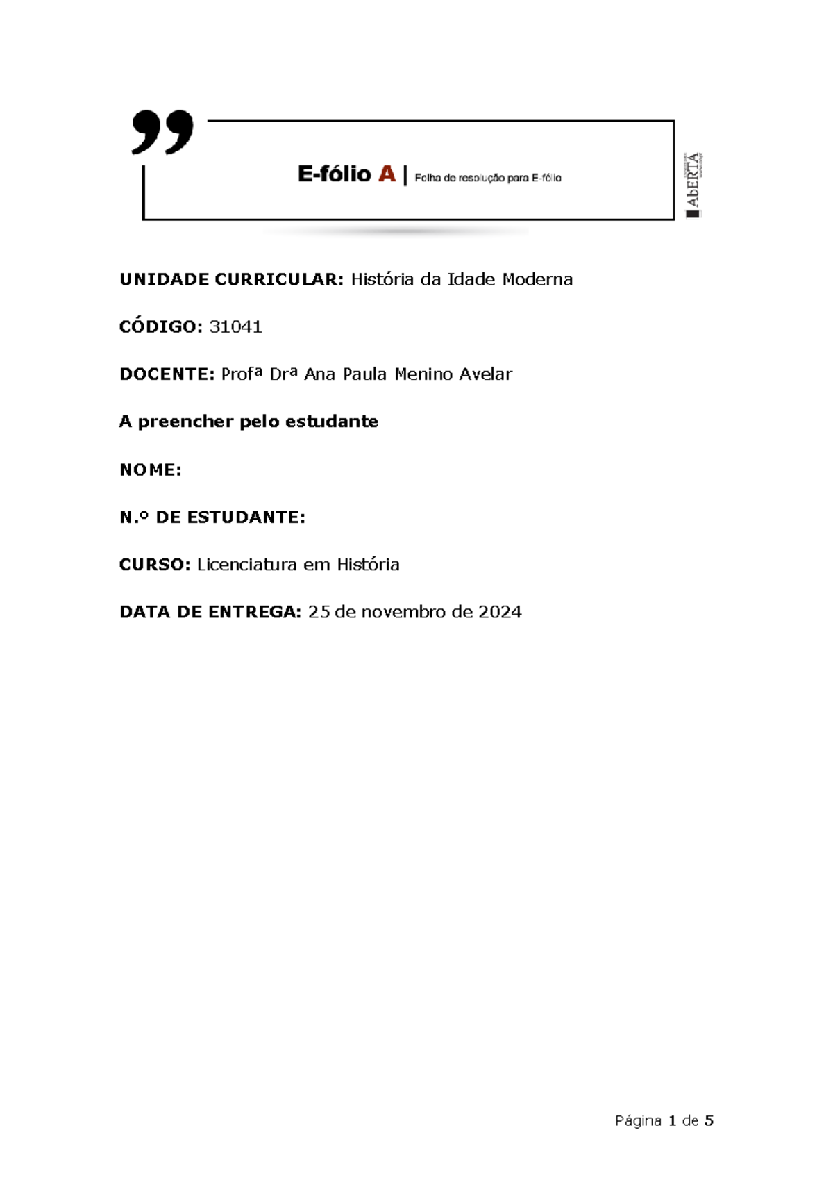 Efolio A H. Idade Moderna - UNIDADE CURRICULAR: História da Idade ...