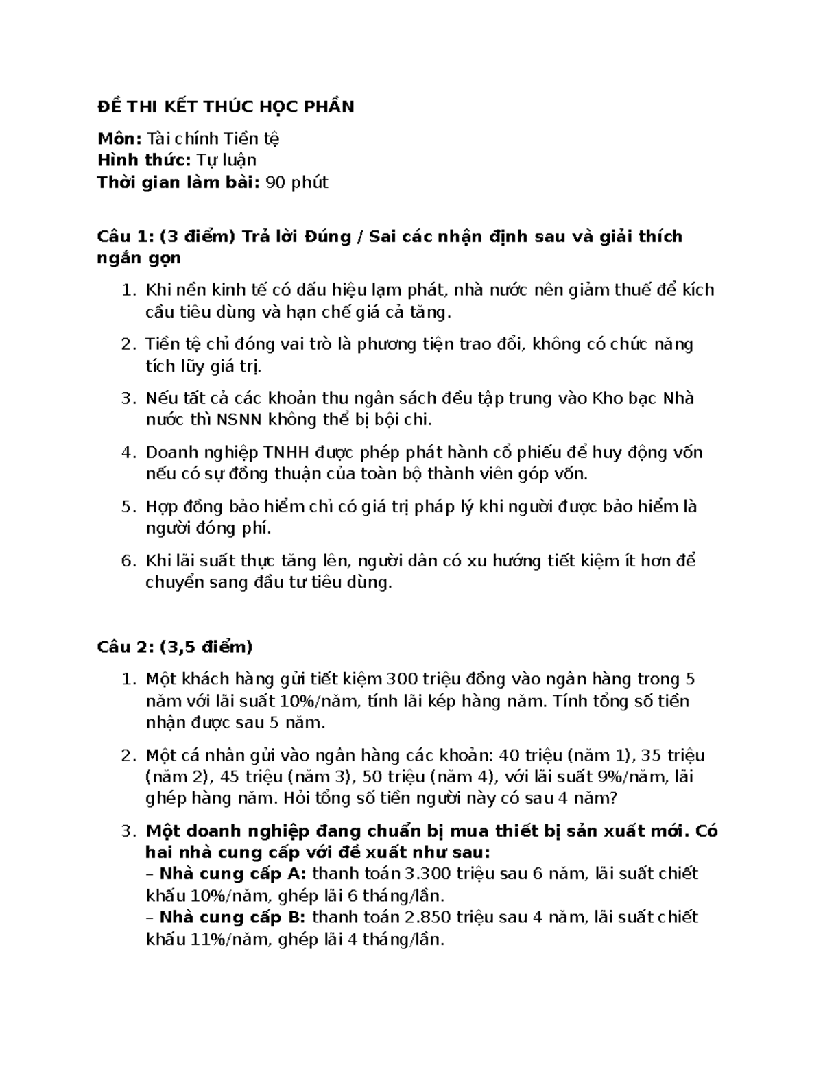 ĐỀ THI KẾT THÚC HỌC PHẦN Tài chính Tiền tệ - TCTT SỐ 9 - Document Preview