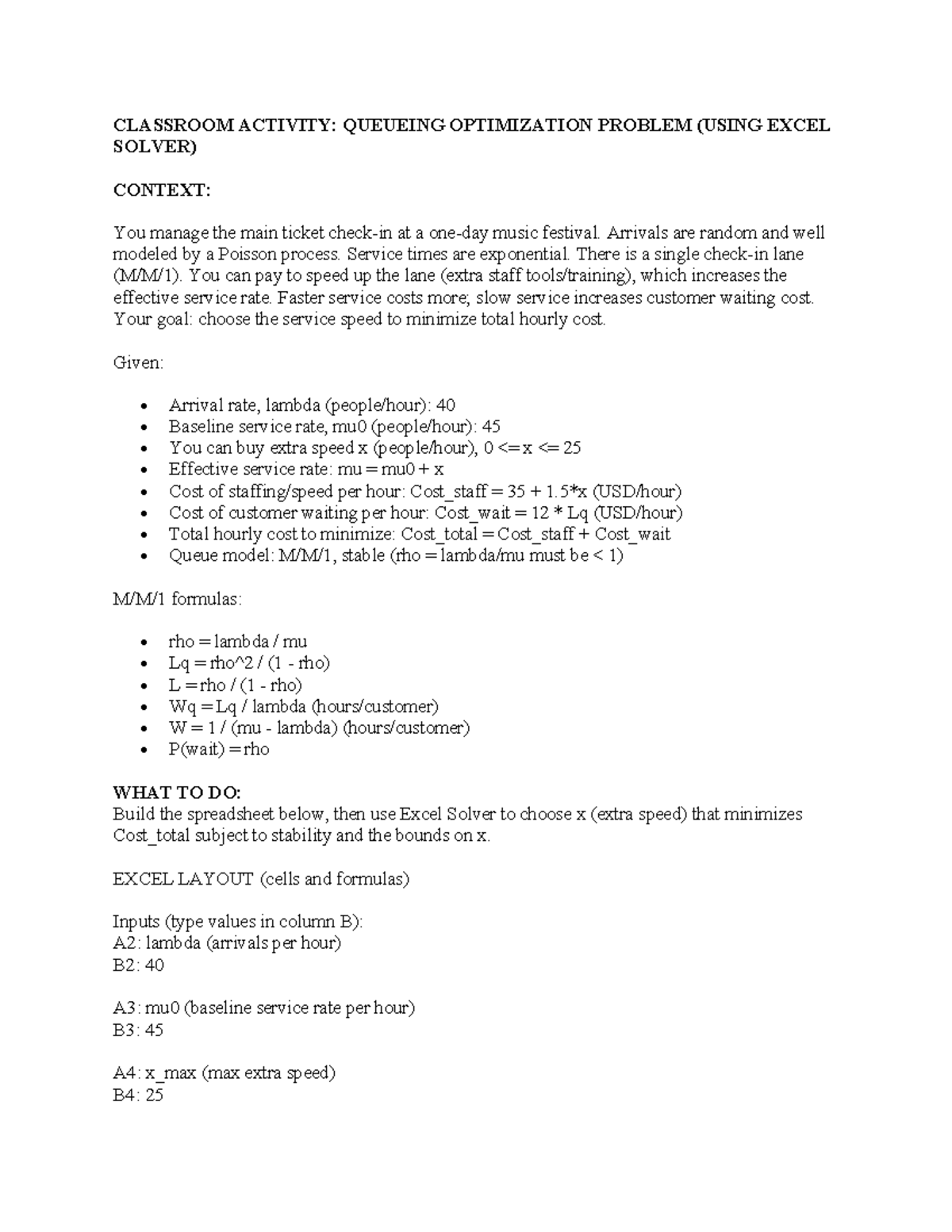 Classroom Activity 3: MM1 Queue Optimization (Excel Solver) - Studocu
