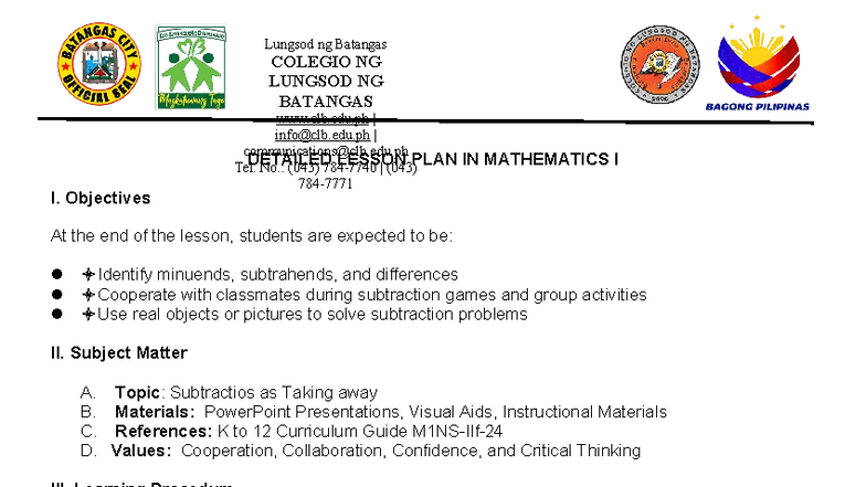 Detailed Lesson Plan in Mathematics I - Subtraction Activities - Studocu