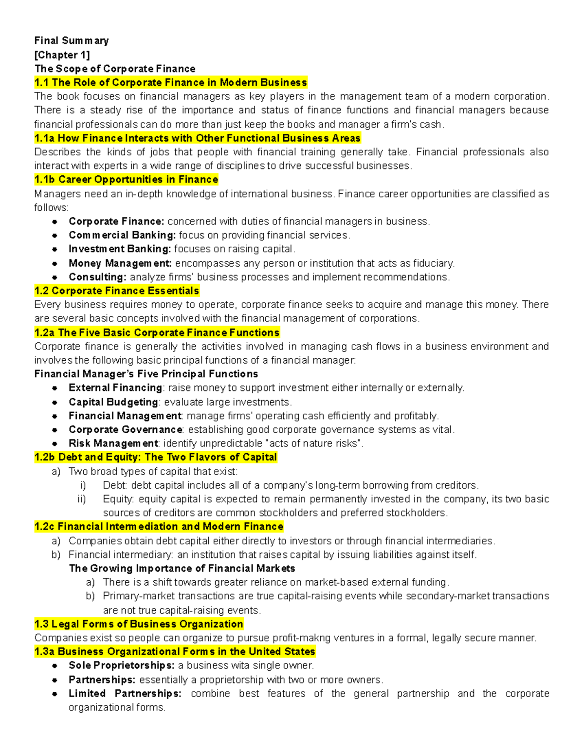 FM 313 Final Exam Summary: Scope & Functions of Corporate Finance - Studocu