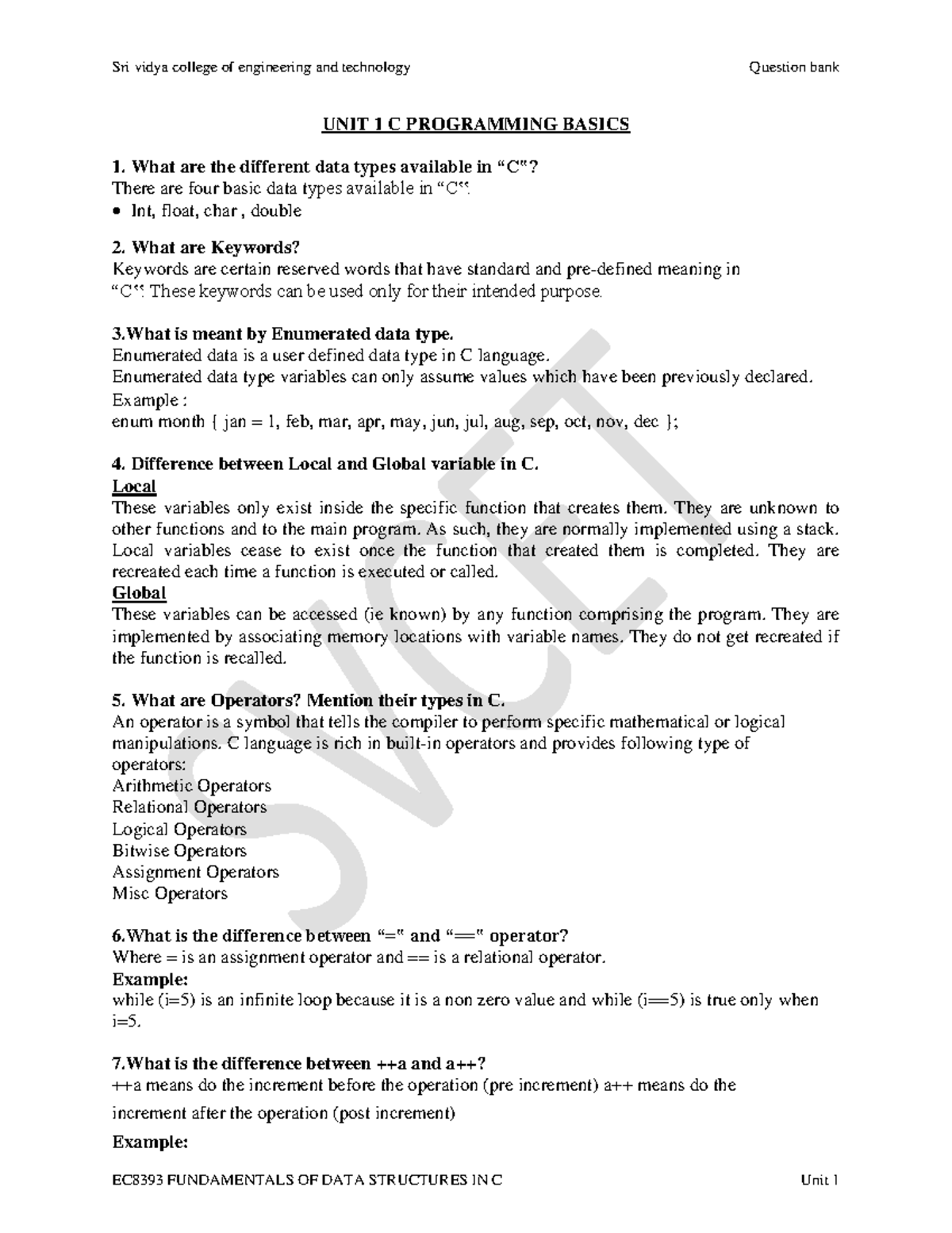 QB C Programming Unit 1 - Comprehensive Question Bank - Studocu