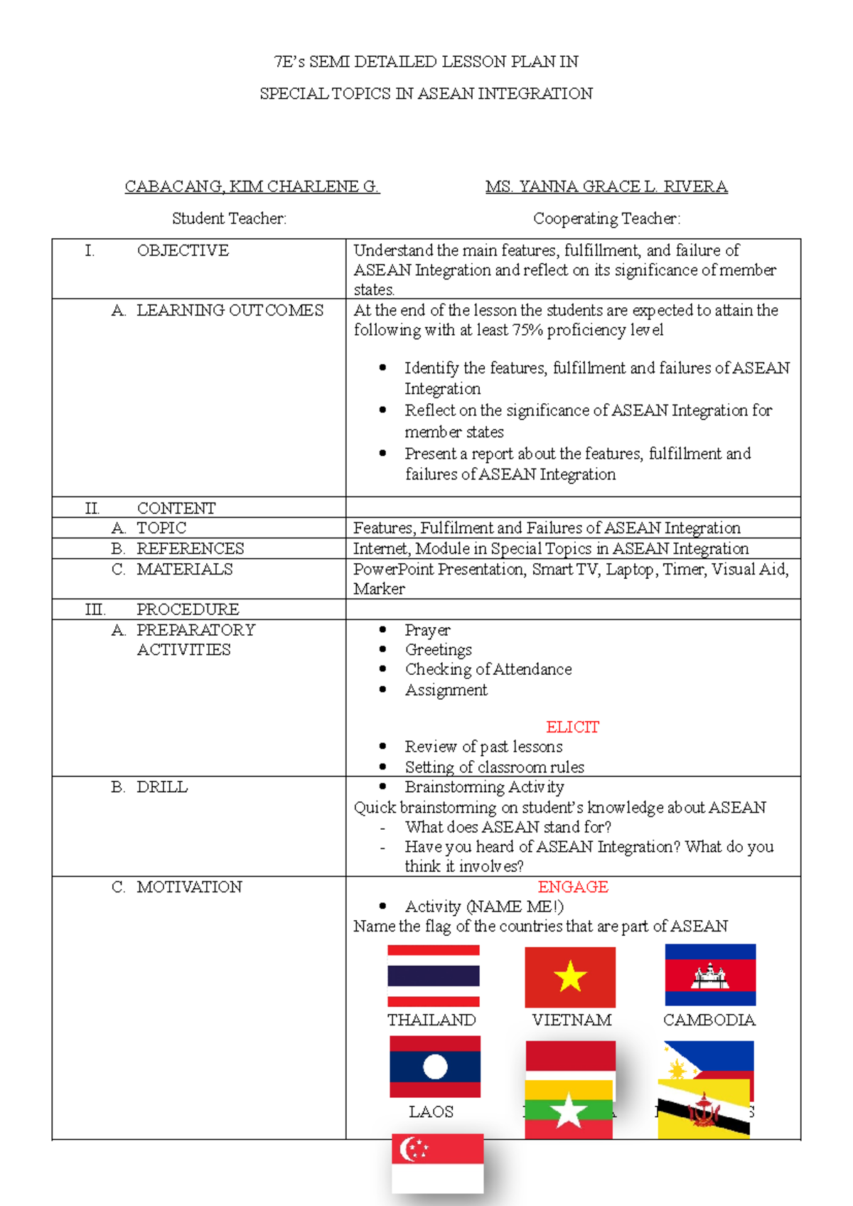 7E’s Lesson Plan on Special Topics in ASEAN Integration - Studocu