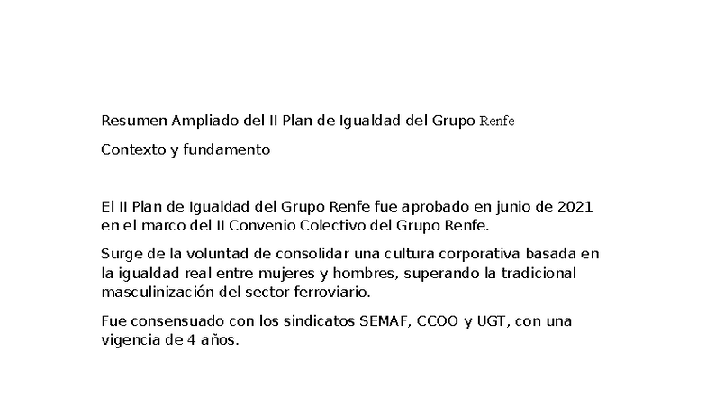 Resumen Ampliado del II Plan de Igualdad del Grupo Renfe - Studocu