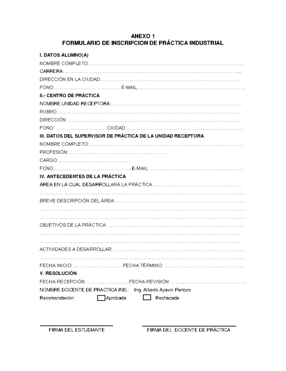 Anexo 1 reglamento practicas - ANEXO 1 FORMULARIO DE INSCRIPCION DE ...