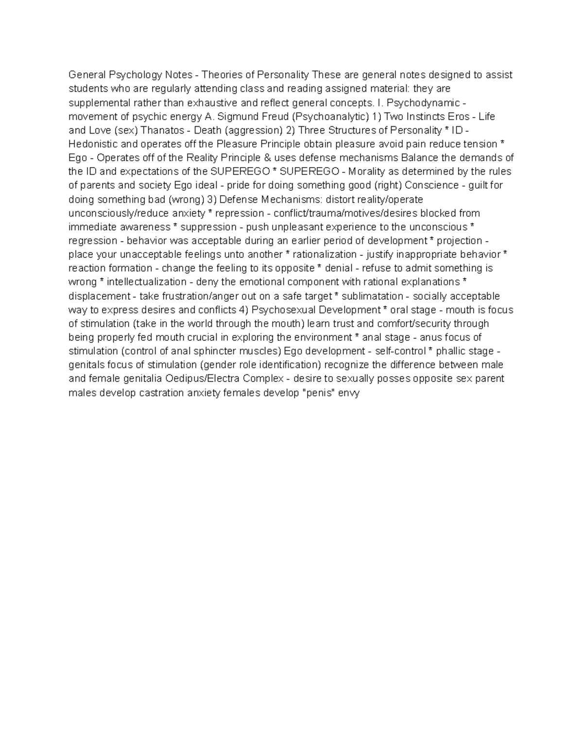 Untitled document - General Psychology Notes - Theories of Personality ...