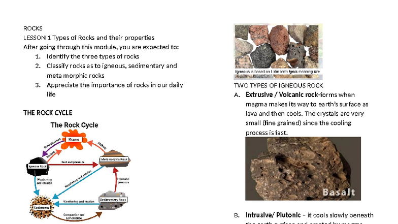 Rocks Lesson 1: Types and Properties of Rocks - SCIENCE - Studocu