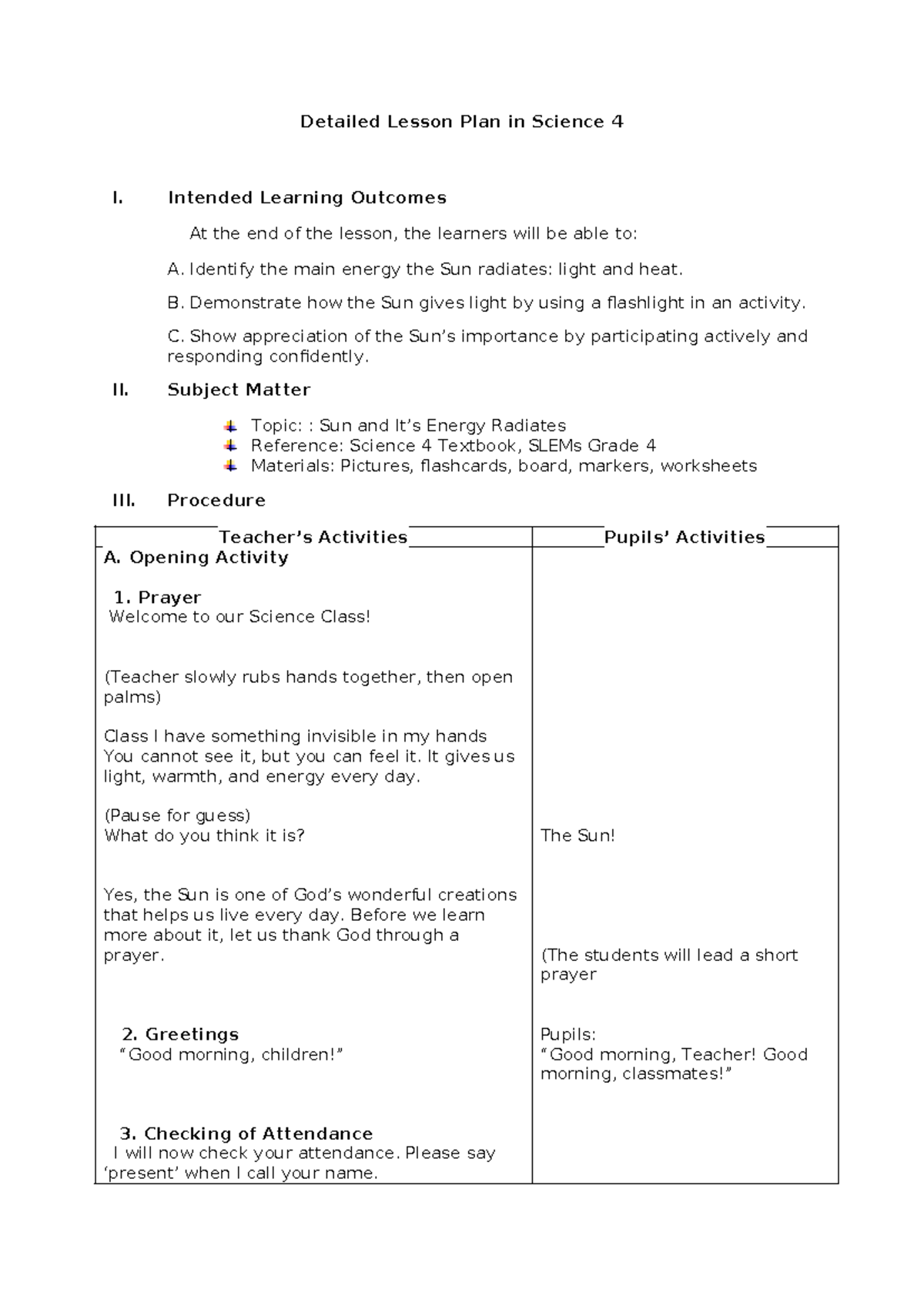 Detailed Lesson Plan in Science 4: The Sun and Its Energy (Finals ...