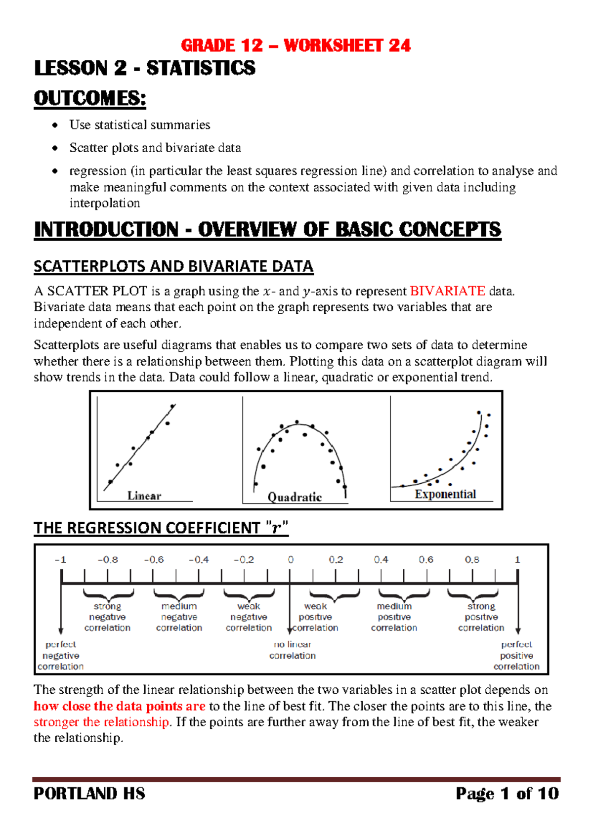 WS 24 Statistics Lesson 2: Scatter Plots, Regression, and Correlation ...