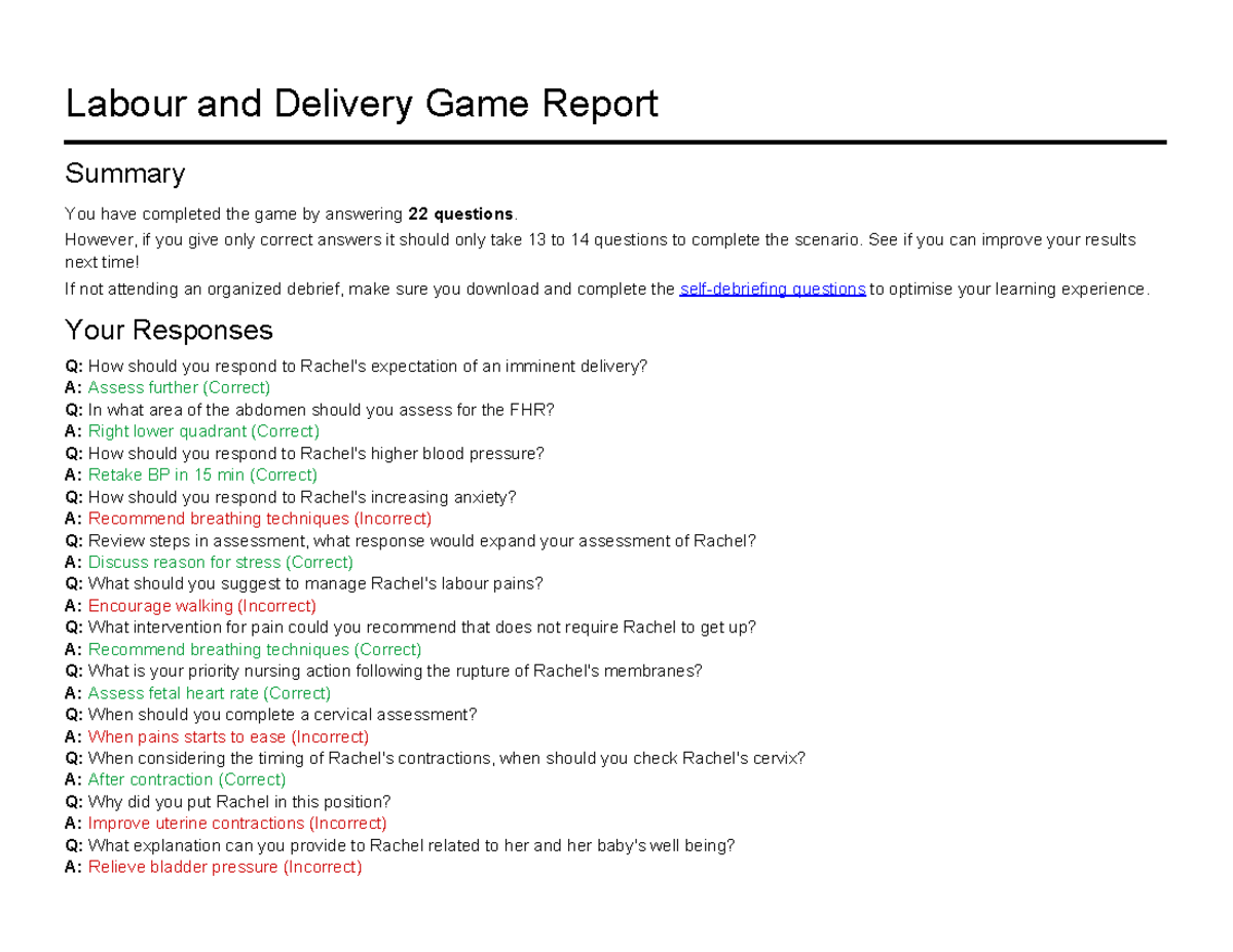 Labour delivery game report - Labour and Delivery Game Report Summary ...