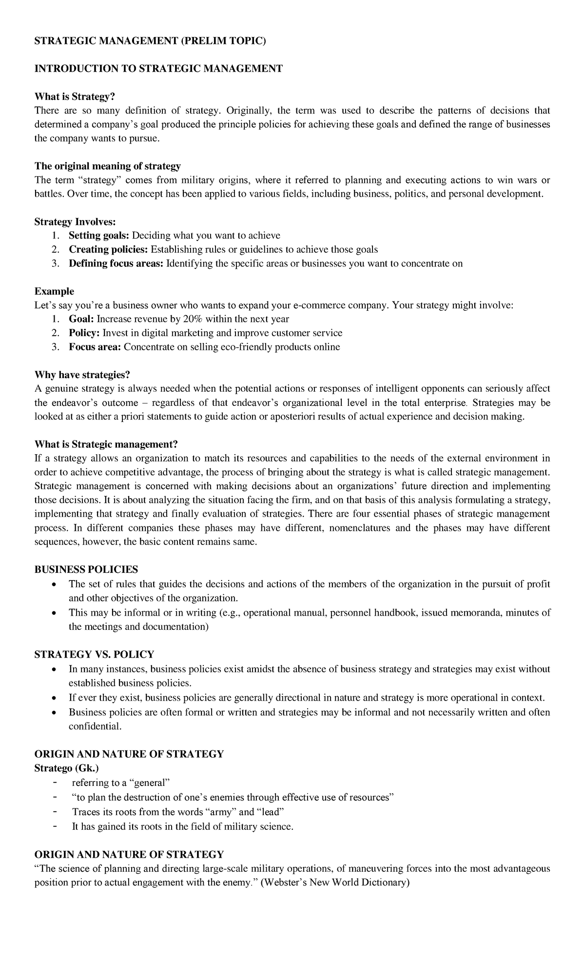 Strategic Management (Prelim Topic): Understanding Strategy and Its ...