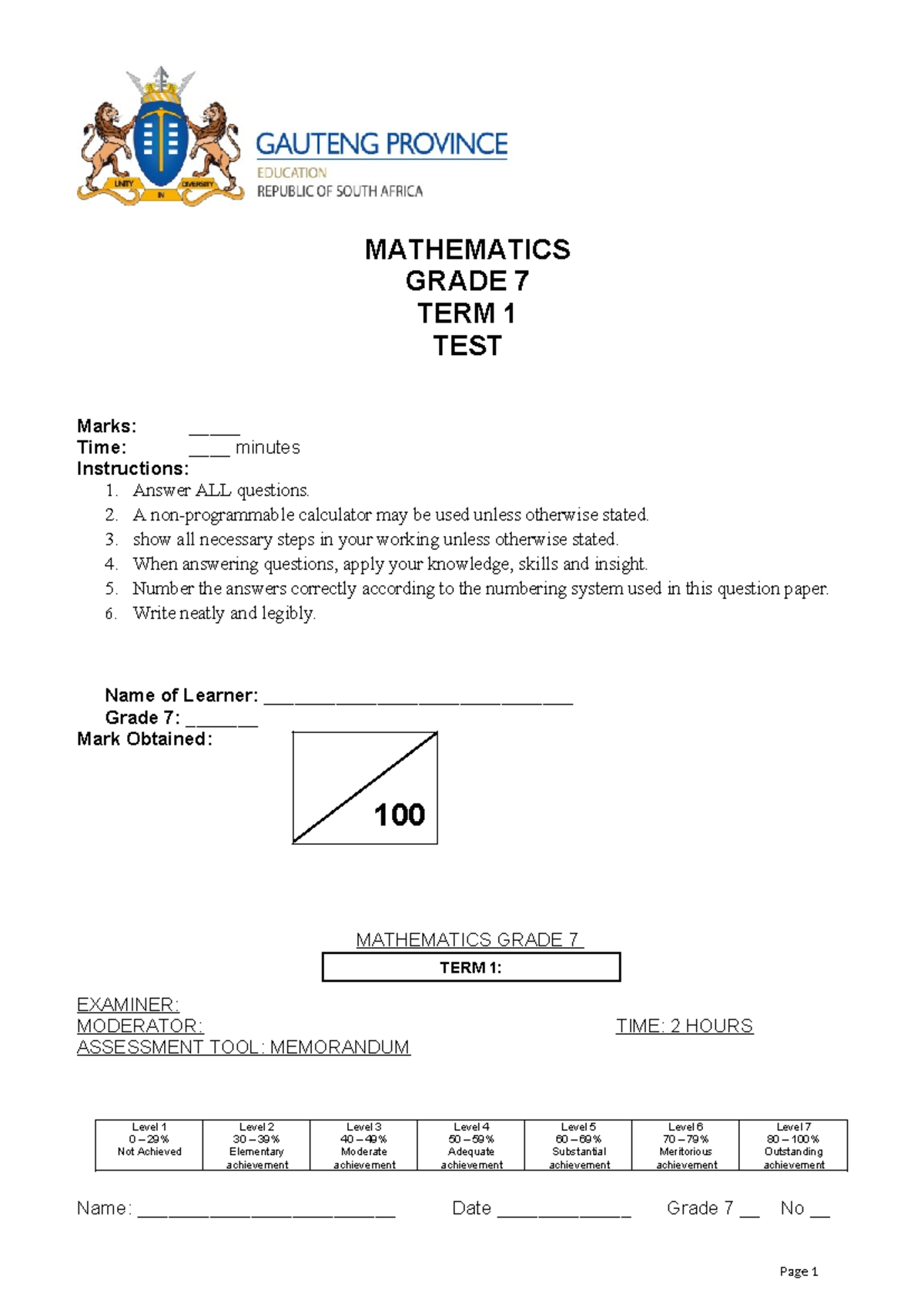 Maths Test Term 1 - Term 1 - MATHEMATICS GRADE 7 TERM 1 TEST Marks ...