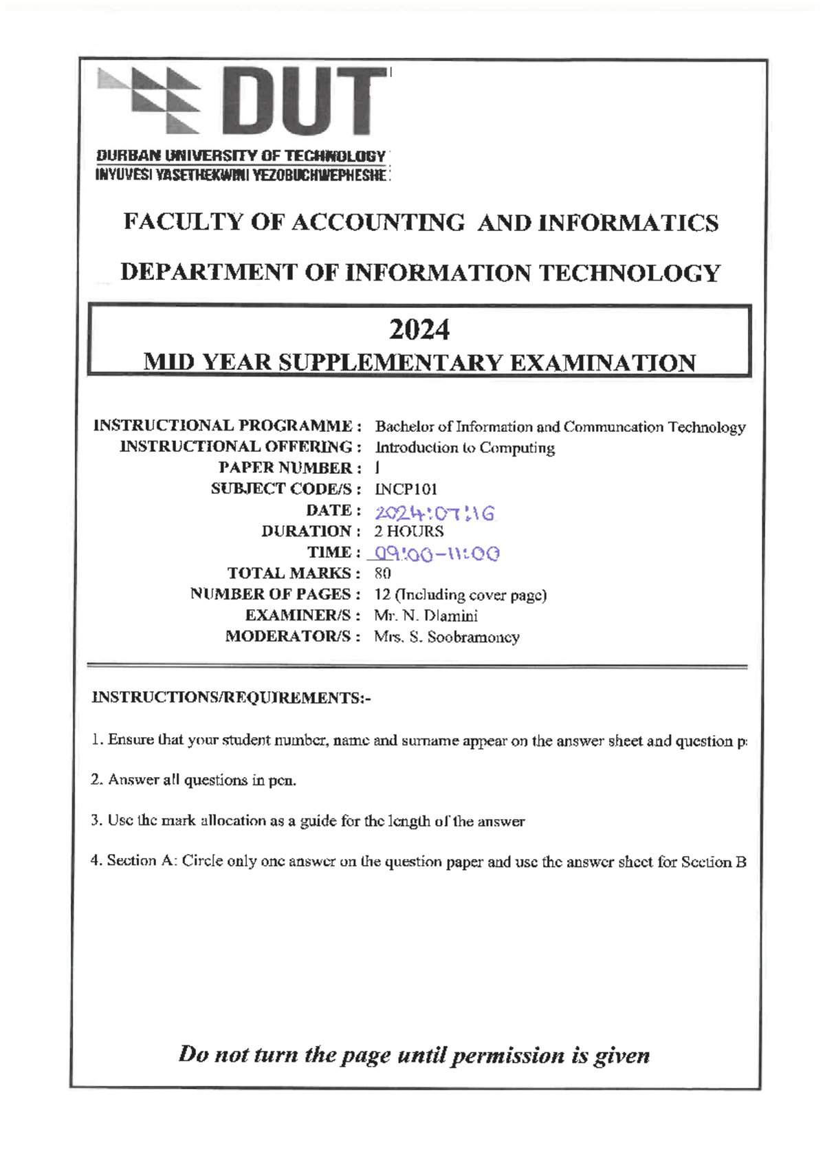 2024 Midyear SUPP QP: Introduction to Computing INCP101 - Document Preview