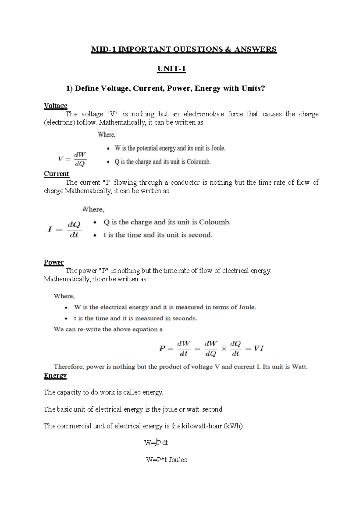 BEEE UNIT 1 - 1st year - MID-1 IMPORTANT QUESTIONS & ANSWERS UNIT- 1 ...
