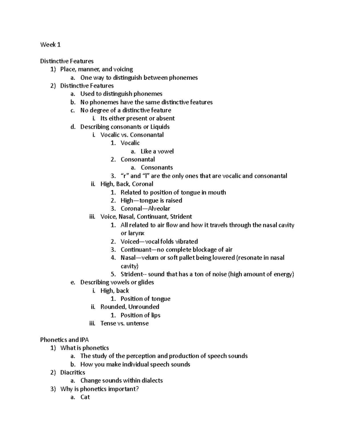 Week 1 Lecture Notes - Week 1 Distinctive Features 1) Place, manner ...