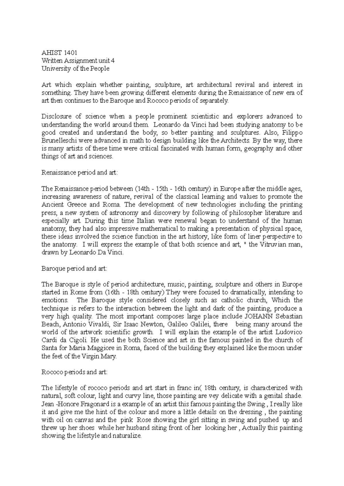 AHIST 1401 Written Assignment: Art History from Renaissance to Rococo ...