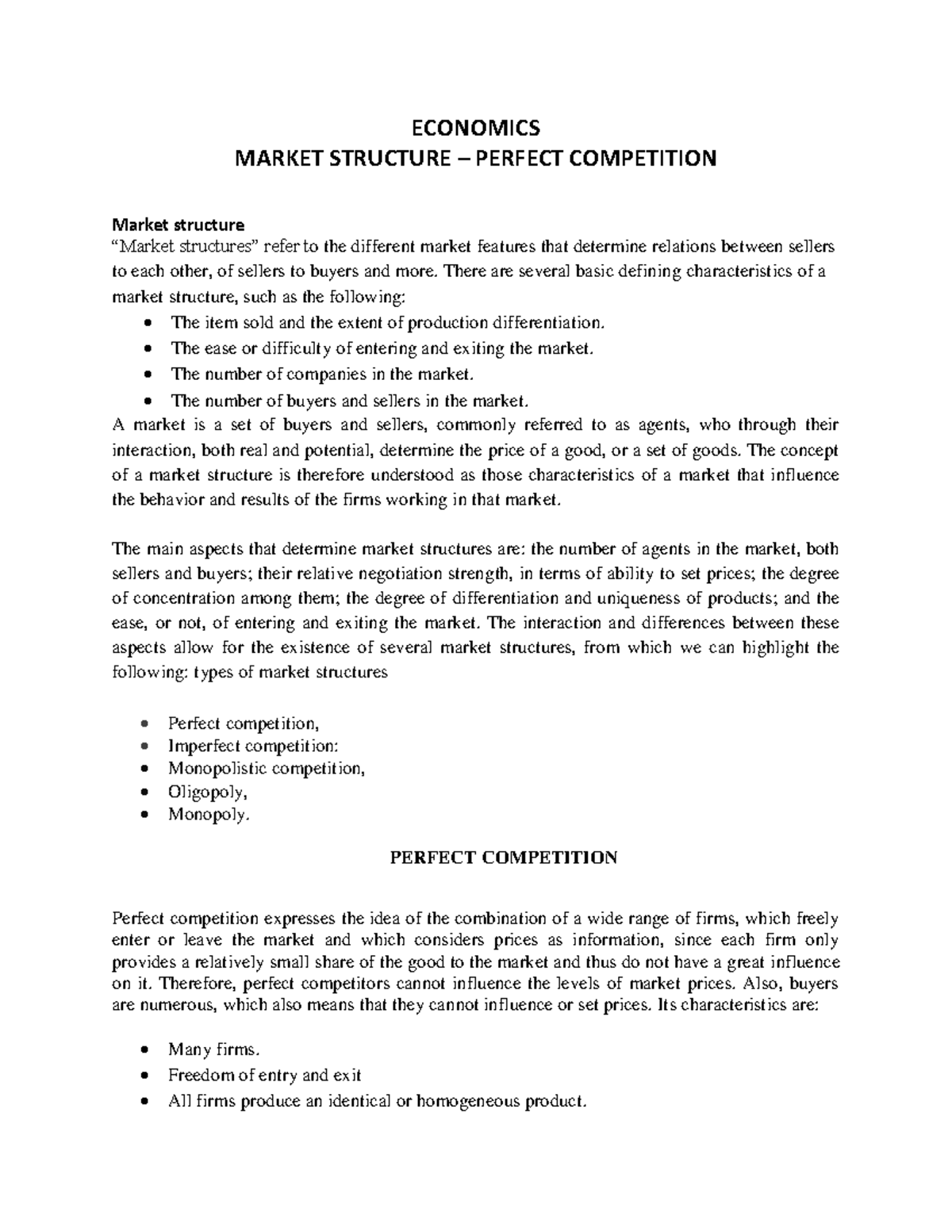ECON 101: Market Structures - Perfect Competition & Beyond Notes - Studocu