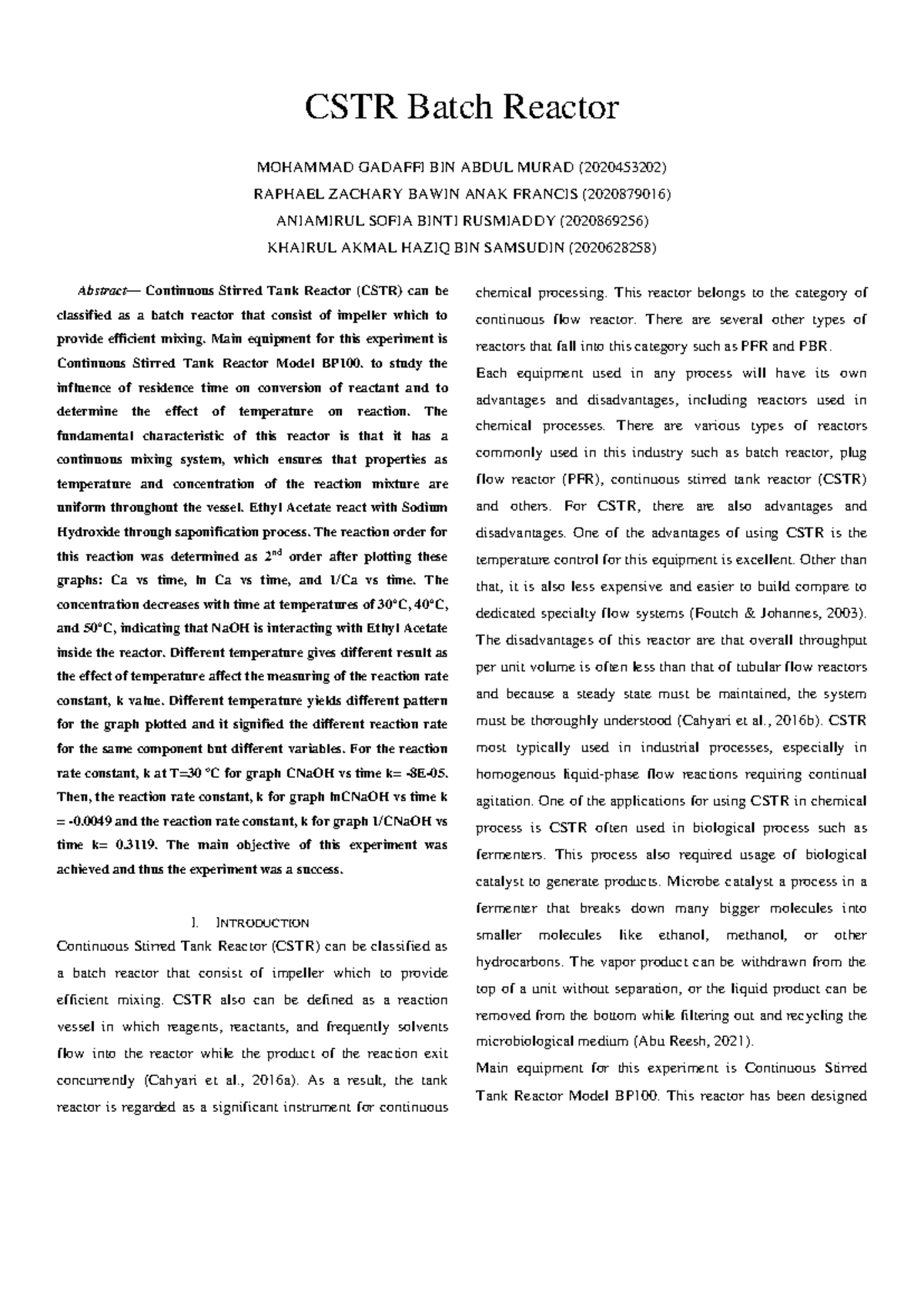 LAB 1: Analysis of Continuous Stirred Tank Reactor (CSTR) Performance ...