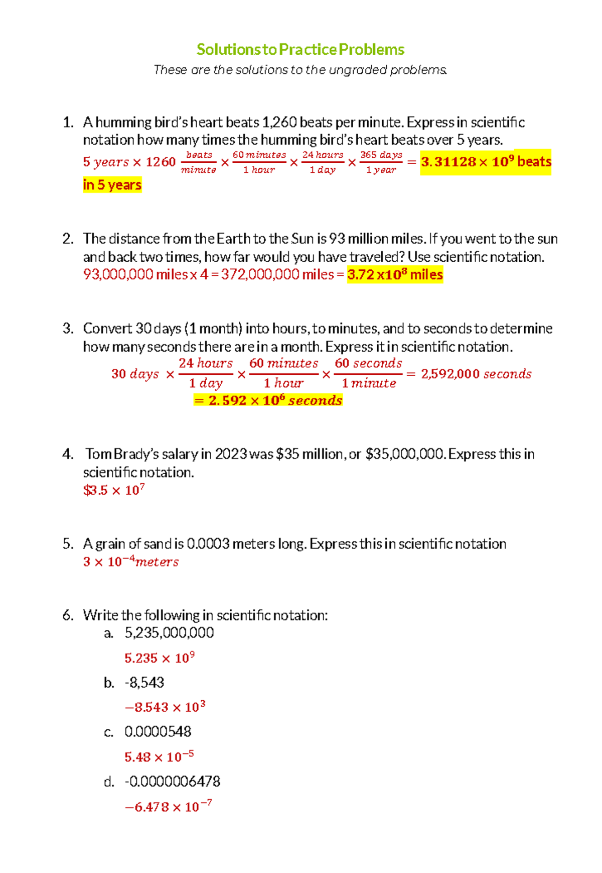 Solutions to Practice Problems for USLO 2: Scientific Notation Guide ...