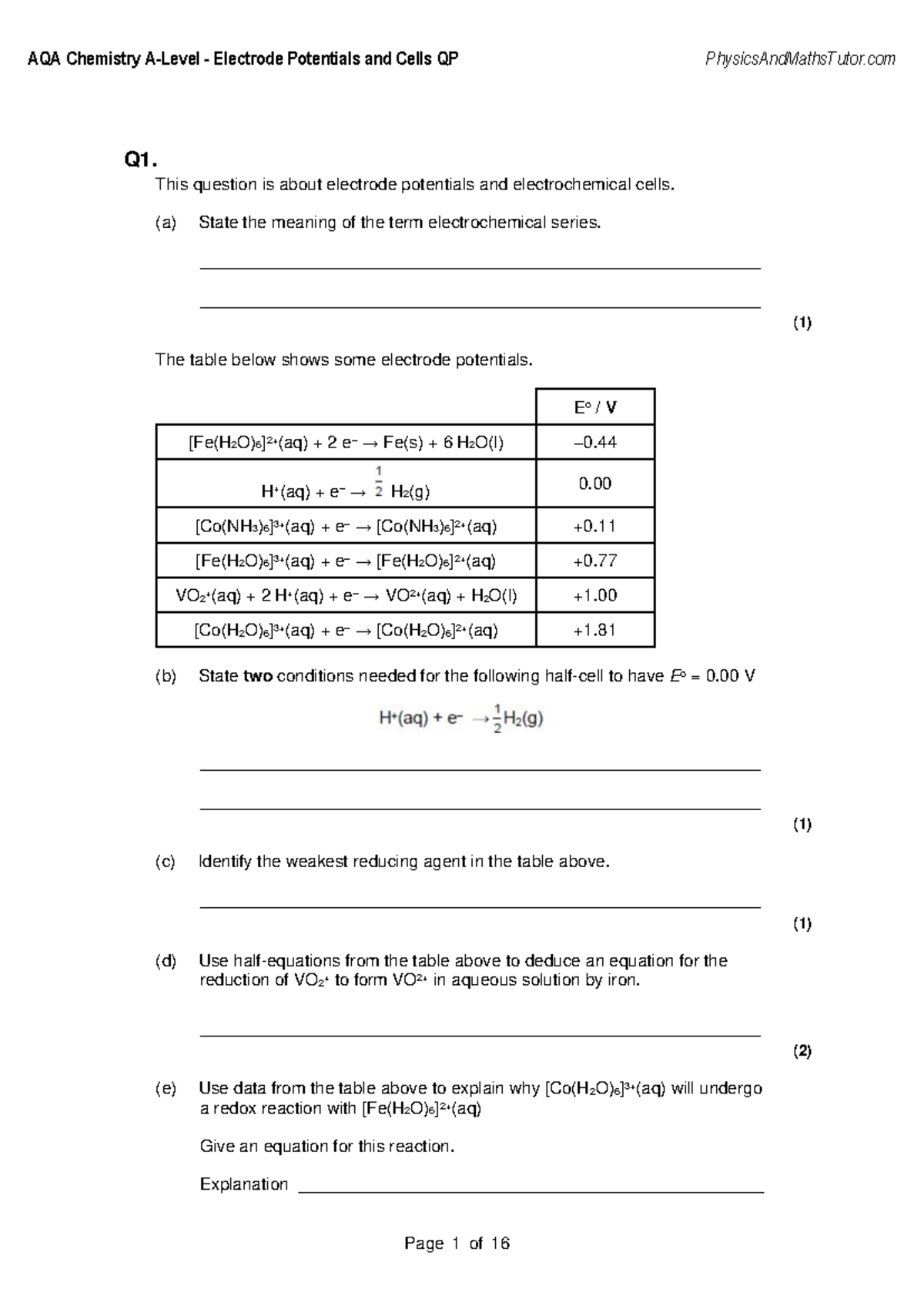 AQA Chemistry Electrode Potentials and Cells QP Study Guide - Studocu