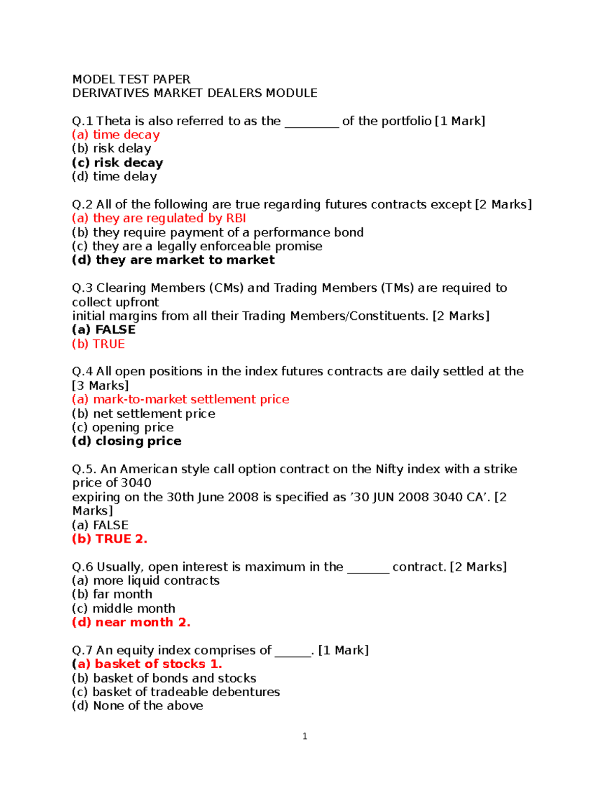 Model TEST Paper Derivatives Market DEAL - MODEL TEST PAPER DERIVATIVES ...