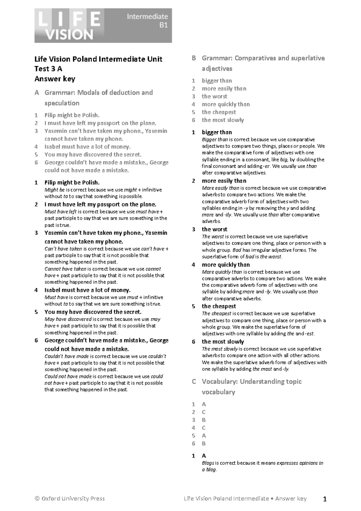 Life Vision Poland Intermediate Unit Test 3A Answer Key - Studocu