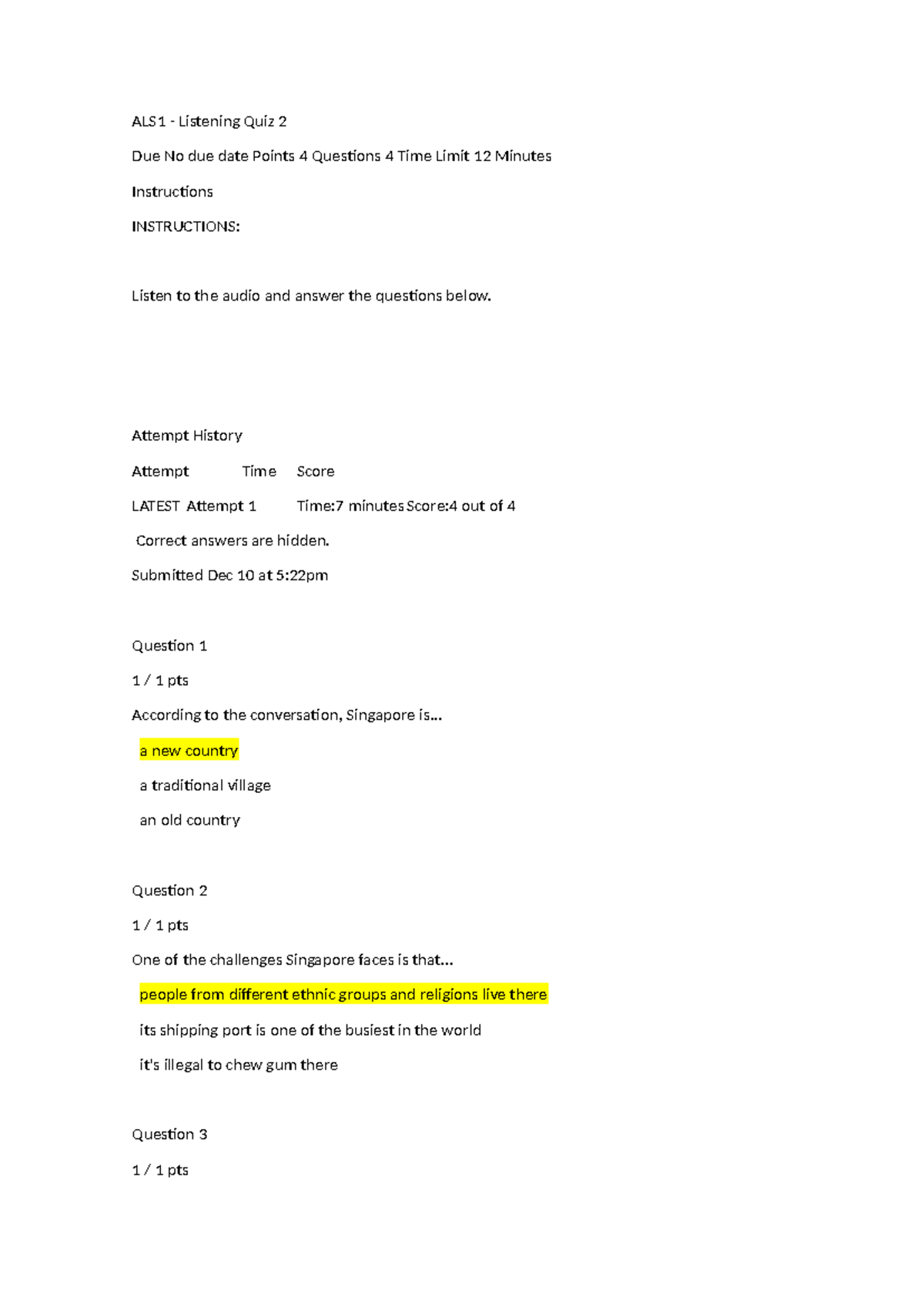 ALS1 Listening Quiz 1: Audio Questions & Answers - Studocu