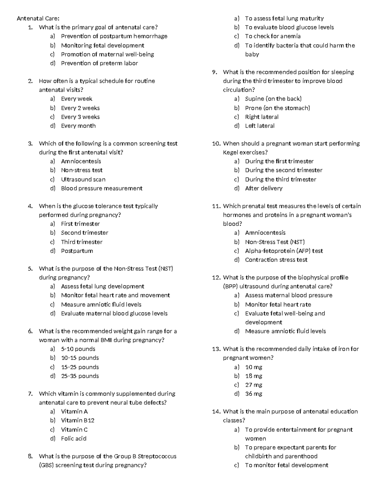 Antenatal Care - Lecture Notes (Course Code: ANC101) - Studocu