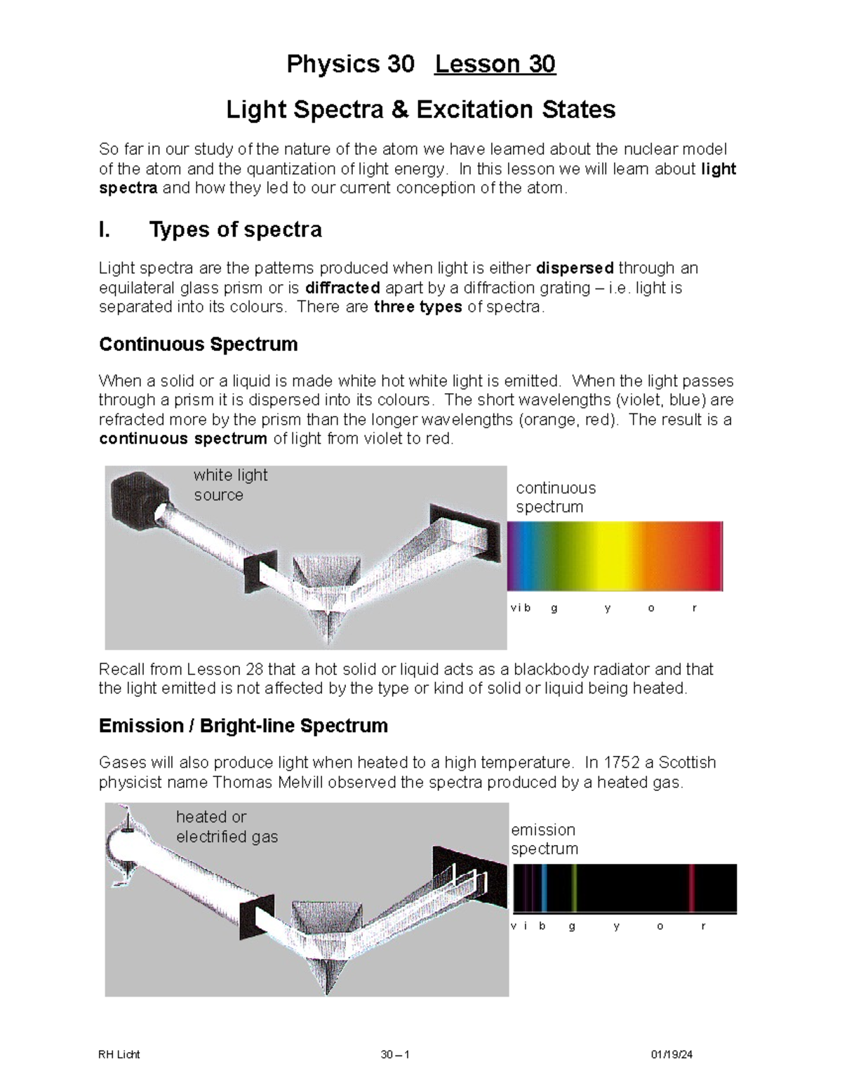 Physics 30 Lesson 30: Light Spectra & Excitation States Overview - Studocu
