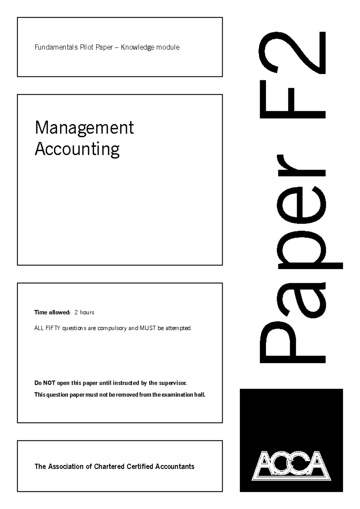 Paper F2 Management Accounting - Management Accounting Time allowed: 2 ...