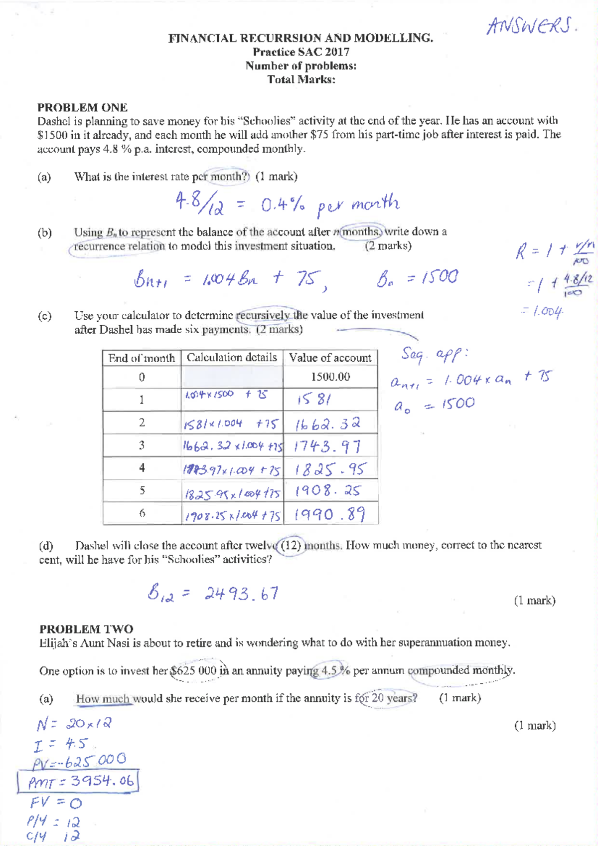 FINANCIAL RECURSION AND MODELLING: Practice SAC 2017 Solutions - Studocu