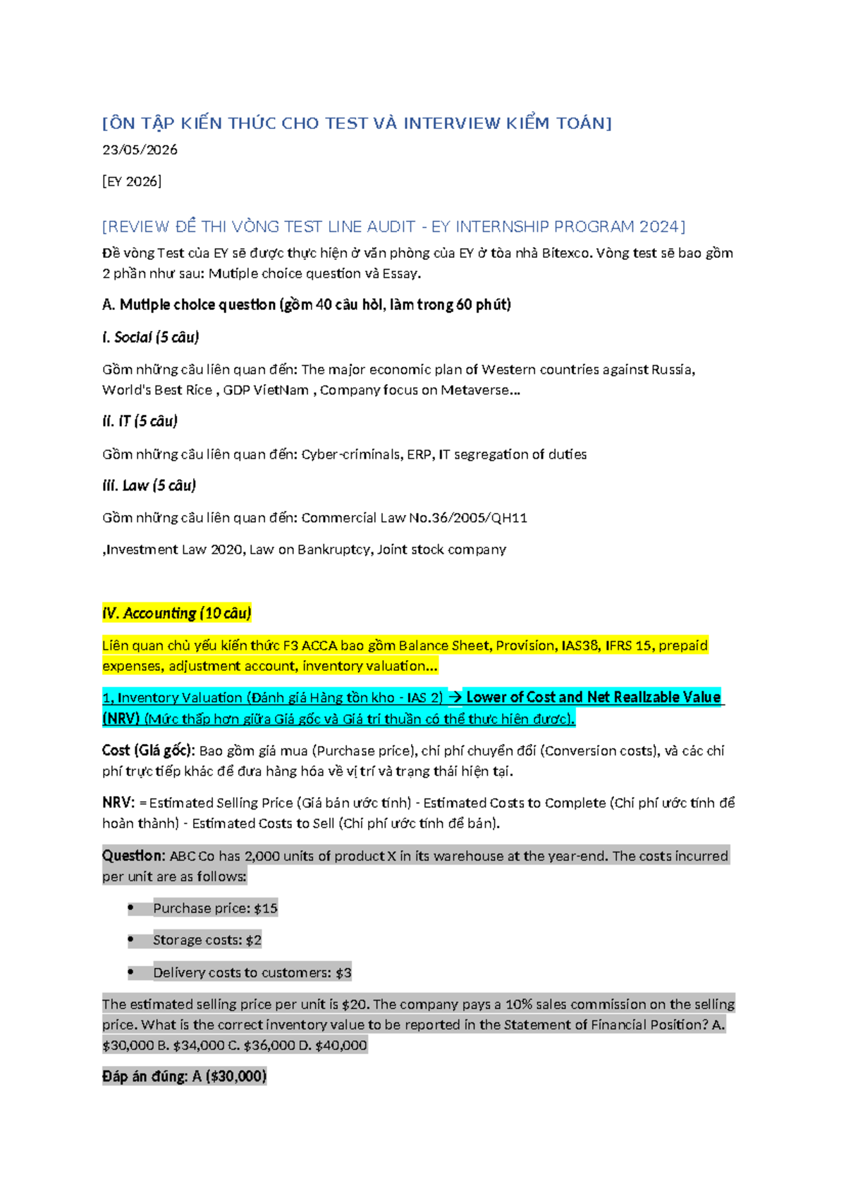ÔN TẬP KIẾN THỨC CHO TEST VÀ INTERVIEW KIỂM TOÁN EY INTERNSHIP PROGRAM - Document Preview