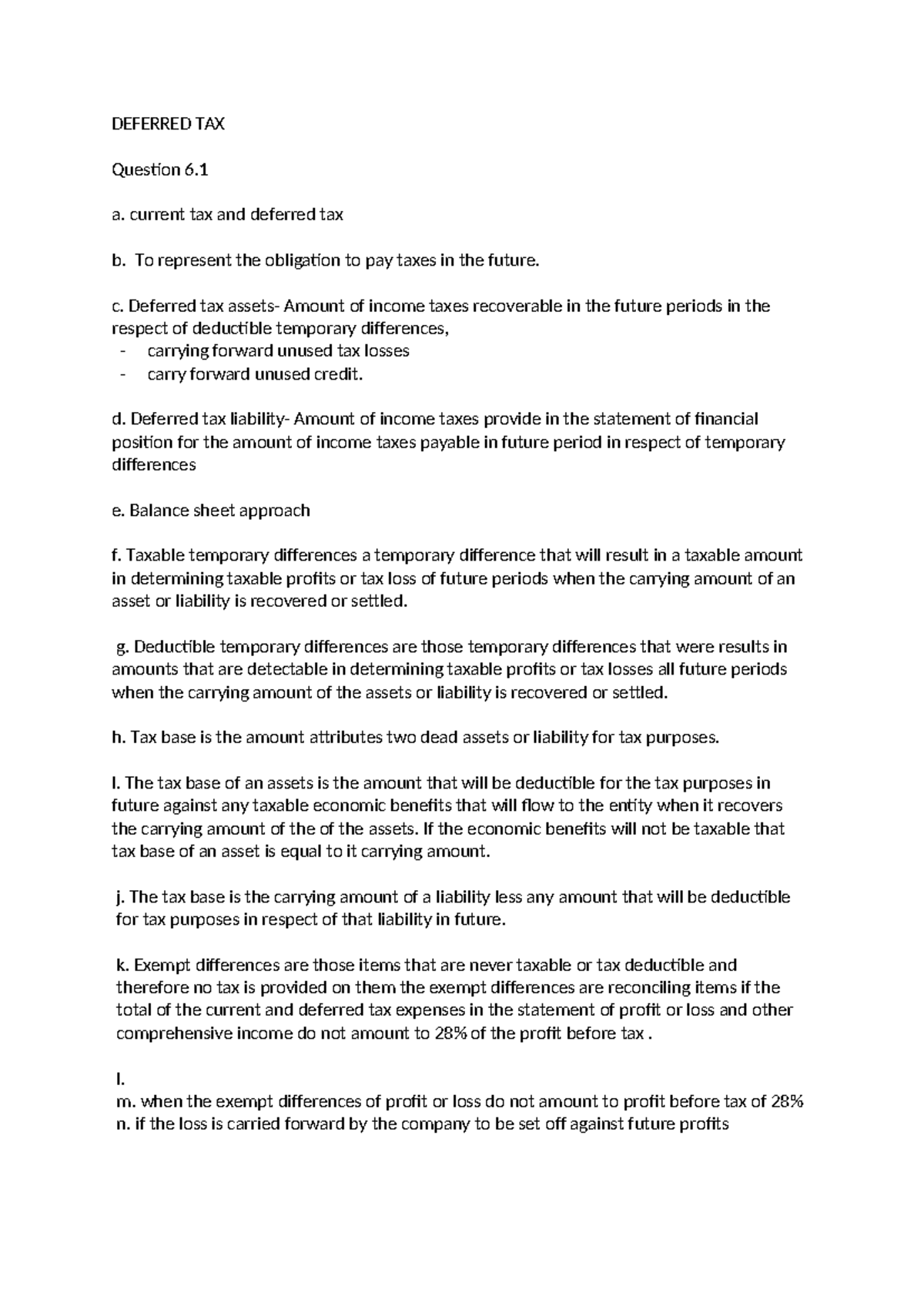 Deferred Tax Analysis and Calculations for Question 6.1 - 6.6 - Studocu