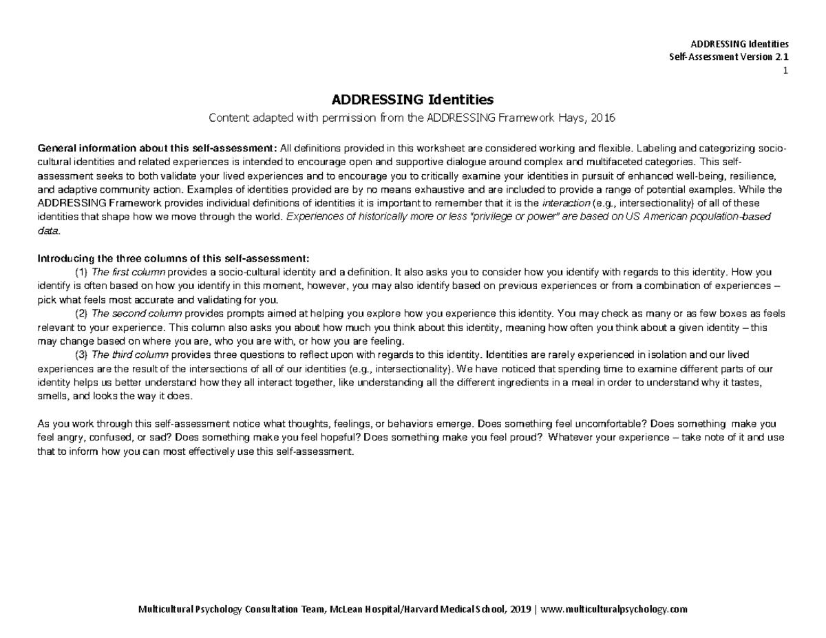 ADDRESSING Identities Framework: Self-Assessment Worksheet v2.1 - Studocu