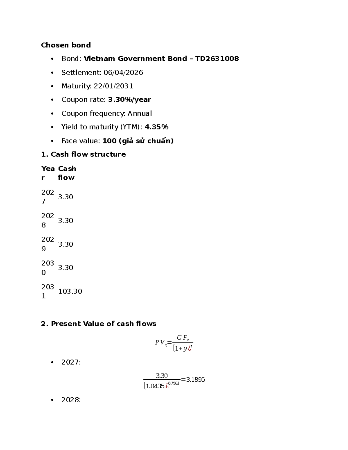 Mac Dur & Mod Dur Analysis of Vietnam Bond TD2631008 - Studocu