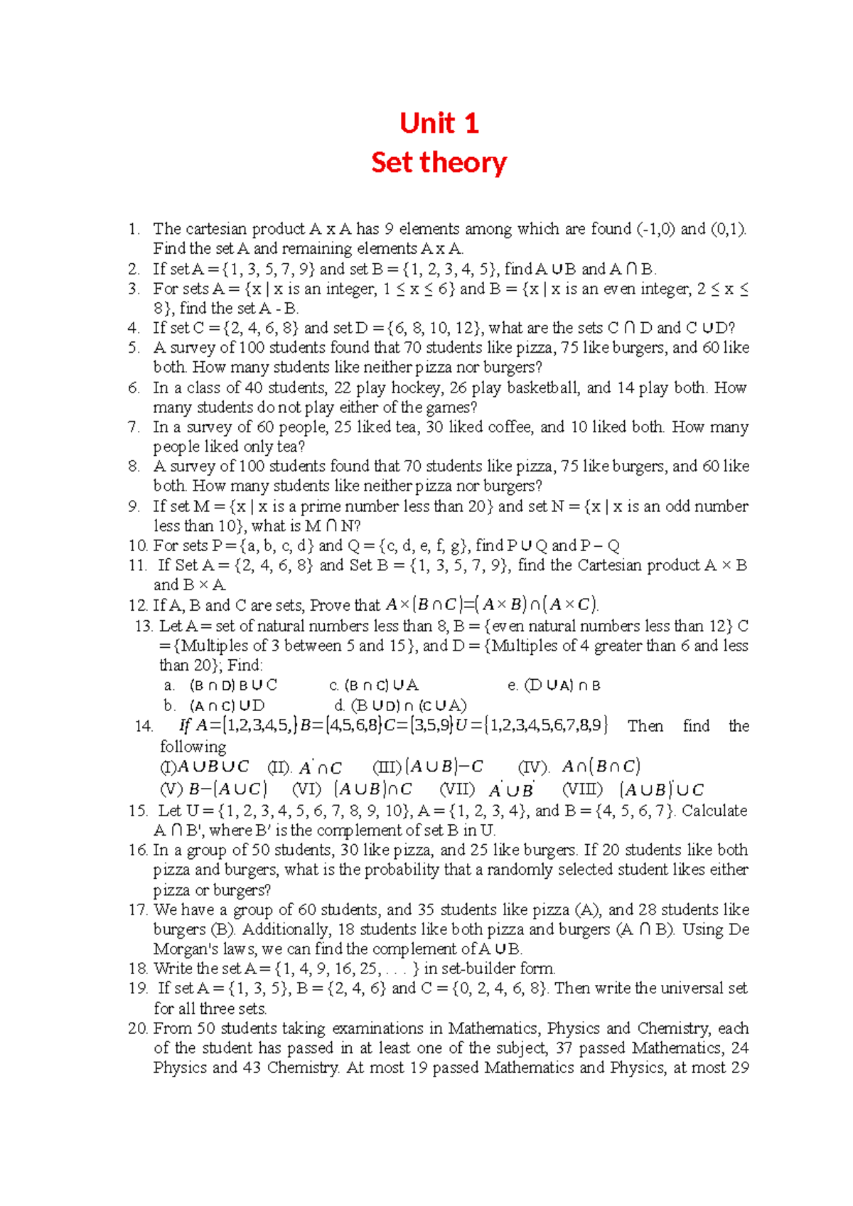 Practice Questions for DM Unit 1: Set Theory and Applications - Studocu