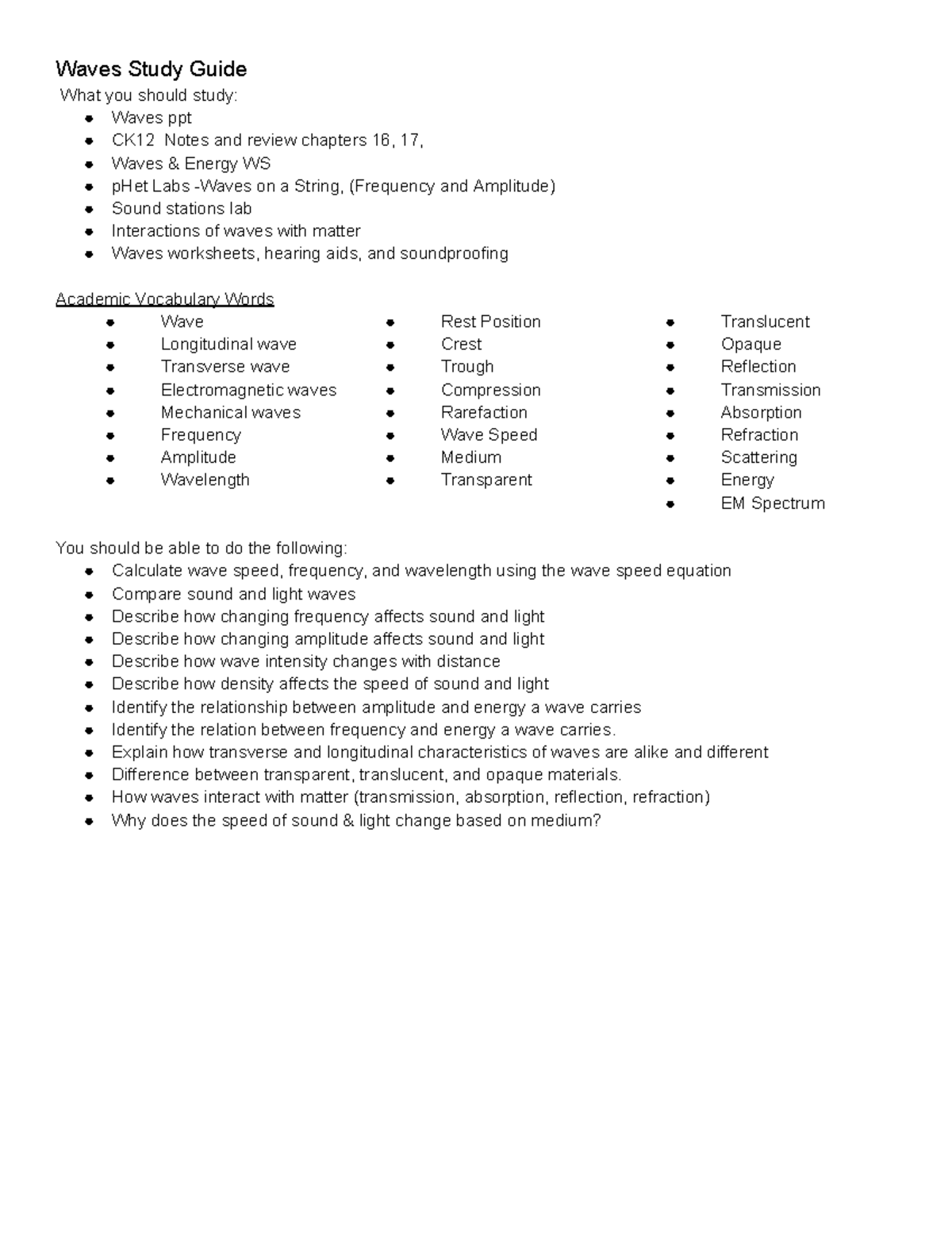 Waves Unit Study Guide for Course Code: 22CDC347 - Waves Study Guide ...