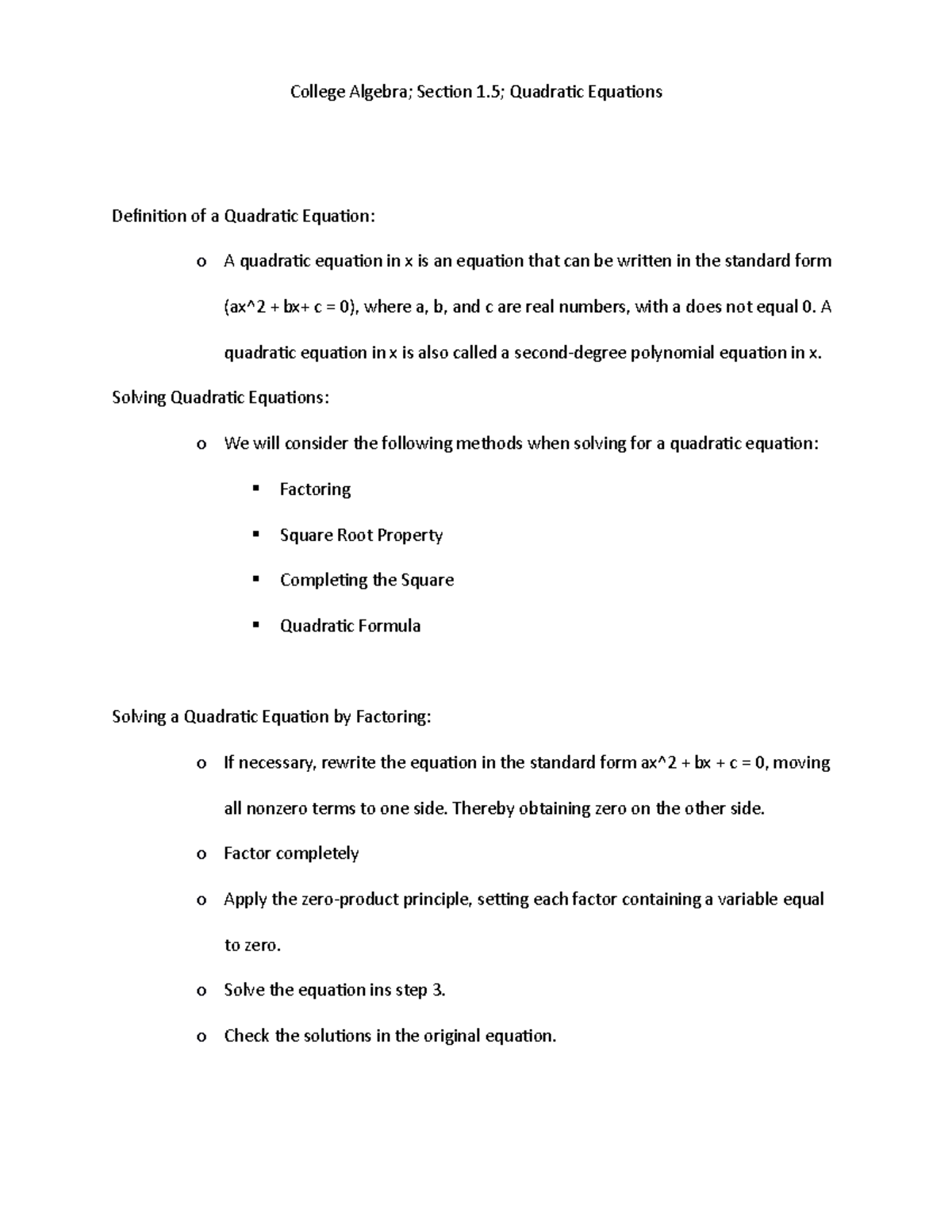 College Algebra 1.5: Notes on Solving Quadratic Equations - Studocu