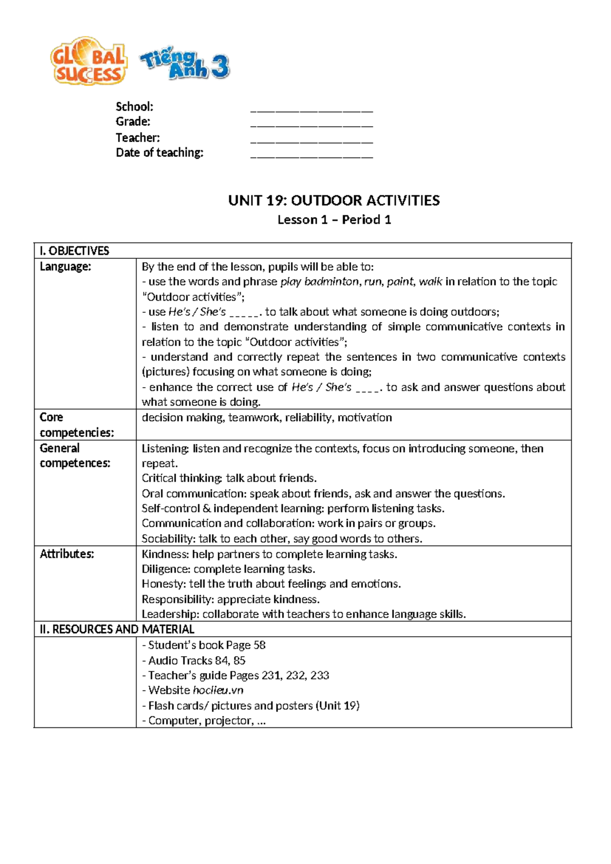Unit 19: OUTDOOR ACTIVITIES Lesson Plans and Activities - Studocu