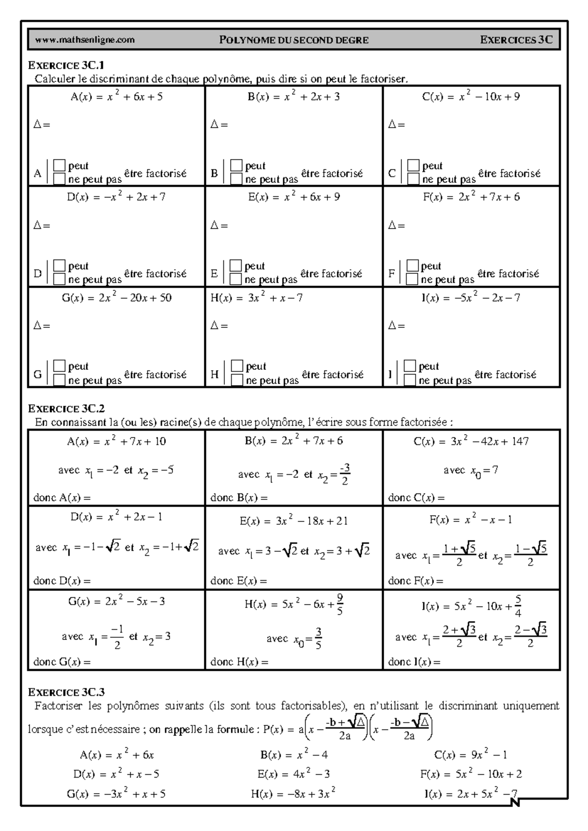 Chap 01 - Ex 3C - Factorisation par Discriminant et Racines - Corrige ...