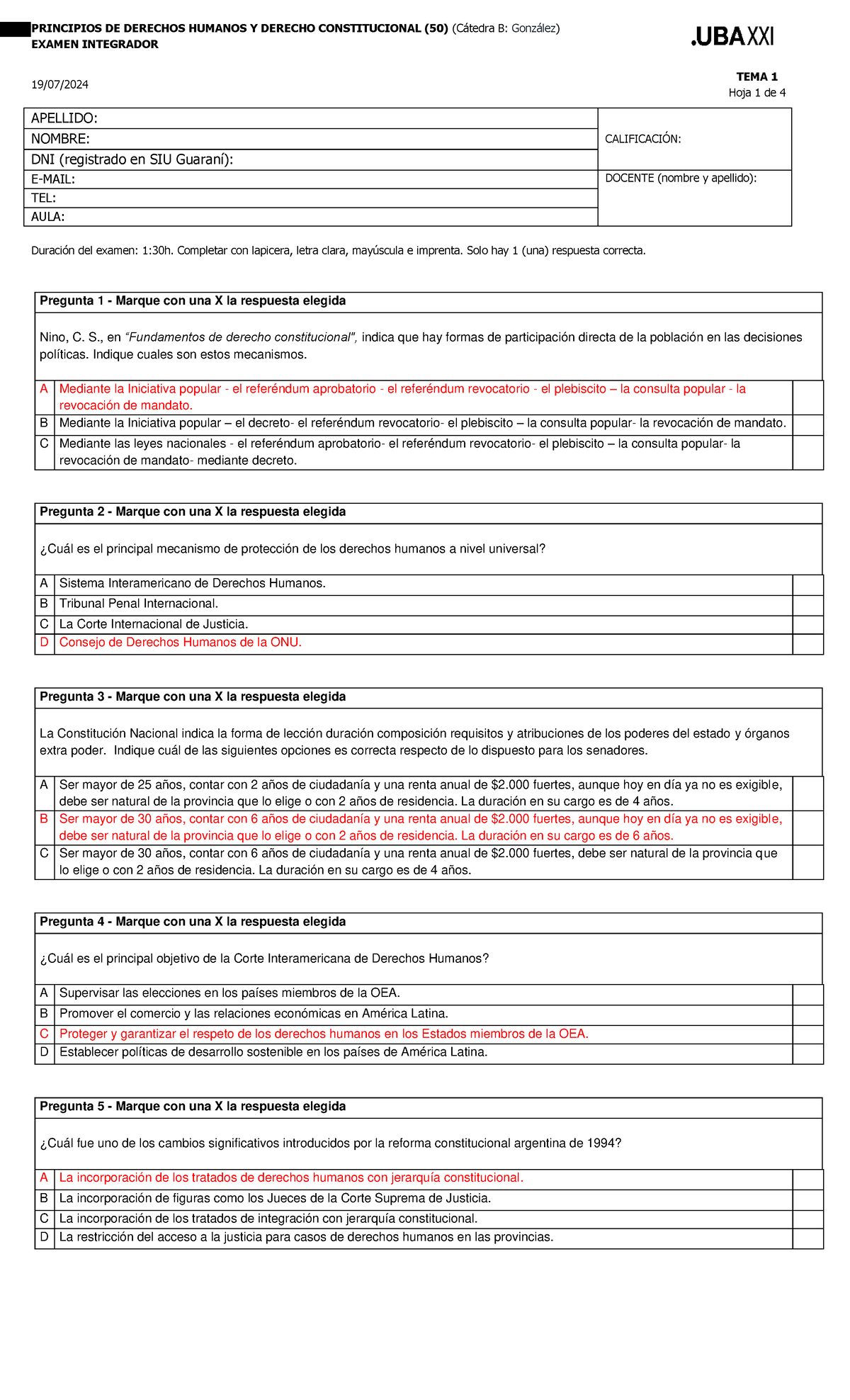 Examen Integrador Tema 1 Derechos Humanos y Derecho Constitucional (DHDC) - Cátedra B: González - Document Preview
