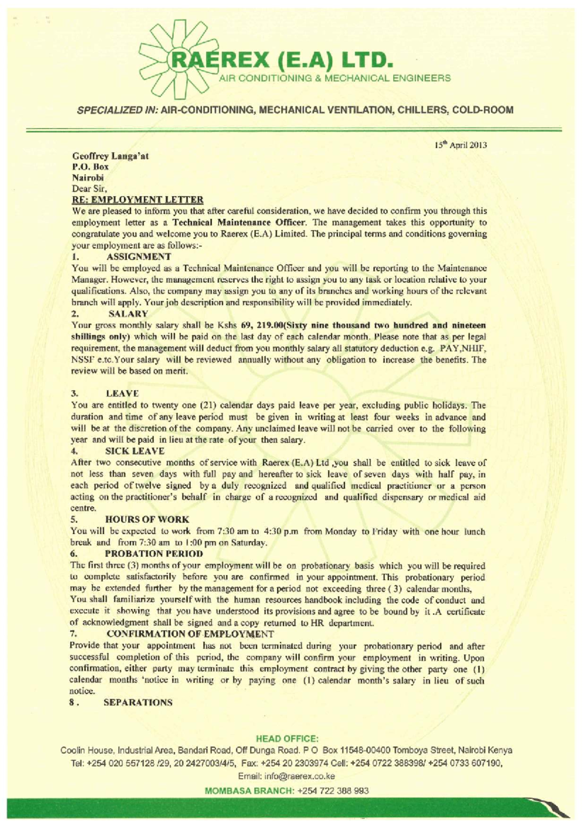 Employment confirmation letter for technical maintenance officer at ...